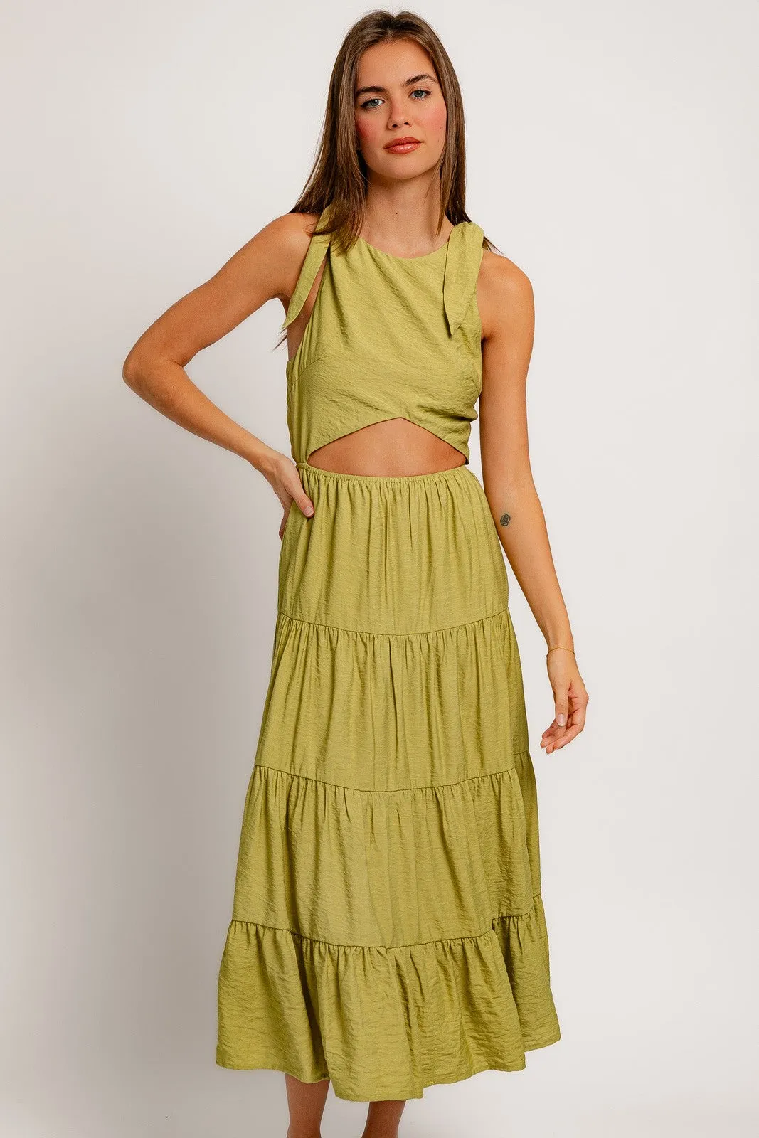 Green Sleeveless Round-Neck Tie Back Tiered Midi Dress sold by Pinkblush product image thumbnail 2