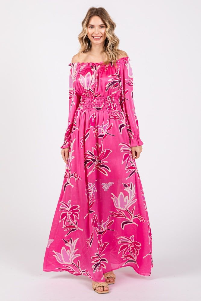 Fuchsia Floral Ruffle Neck Maxi Dress sold by Pinkblush