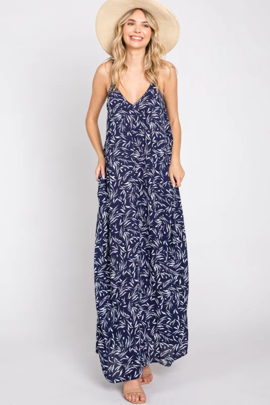Navy Leaf Print Double V-Neck Maxi Dress sold by Pinkblush