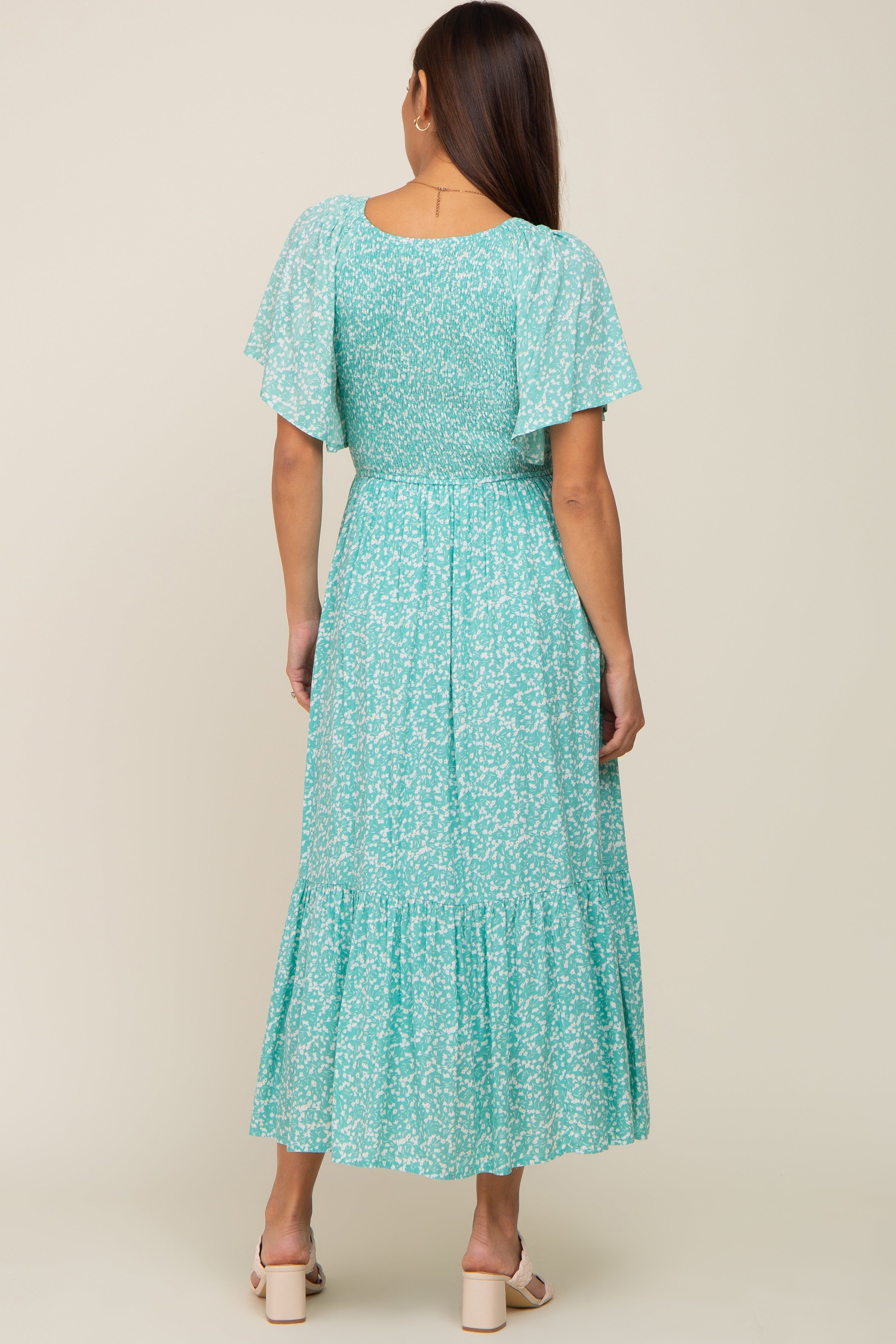 Jade Floral Smocked V-Neck Flutter Short Sleeve Maternity Midi Dress sold by Pinkblush product image thumbnail 3