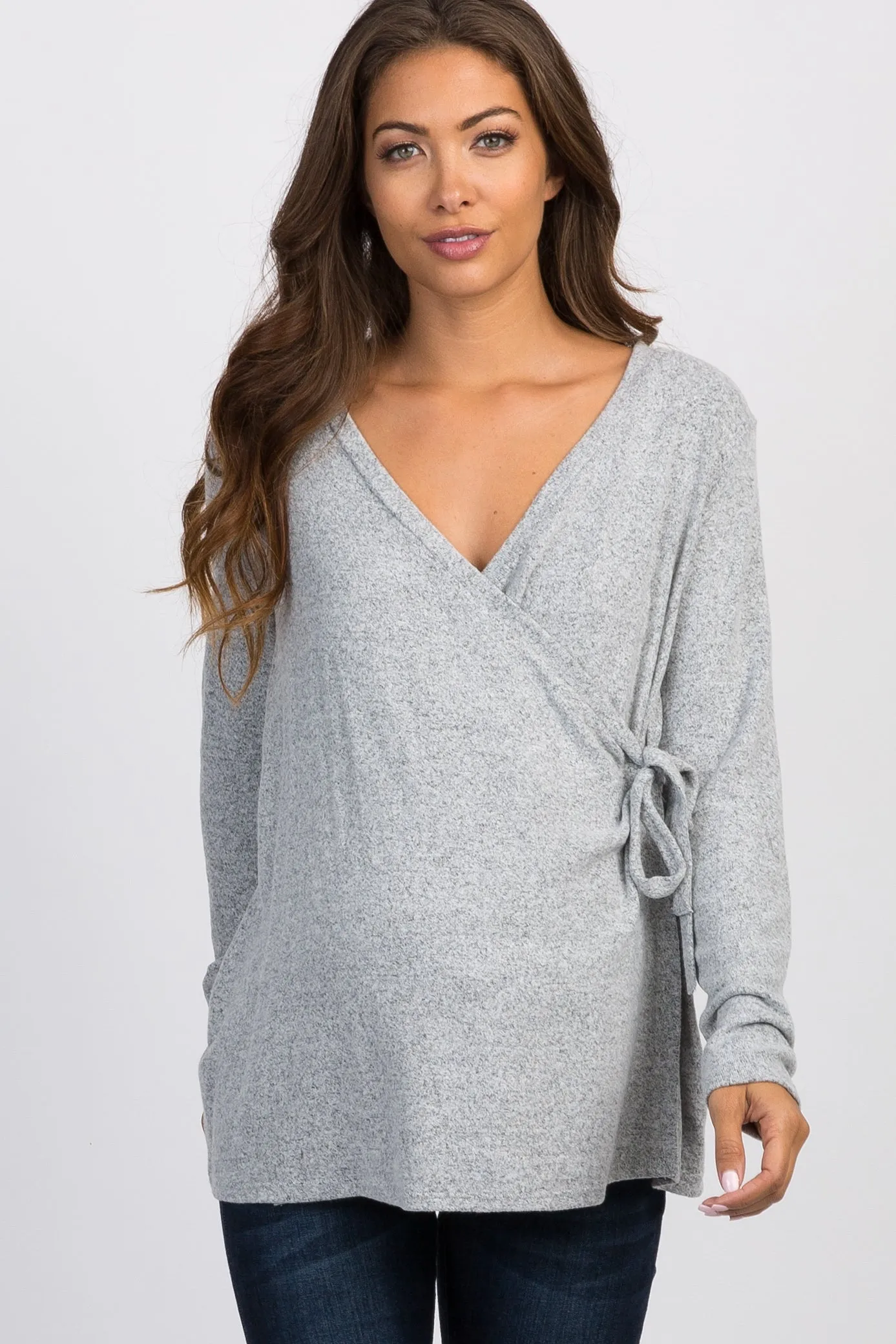 PinkBlush Heather Grey Knit Wrap Tie Maternity/Nursing Top sold by Pinkblush