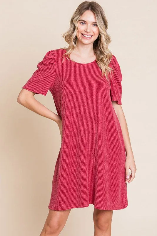Burgundy Washed Ribbed Puff Sleeve Dress sold by Pinkblush