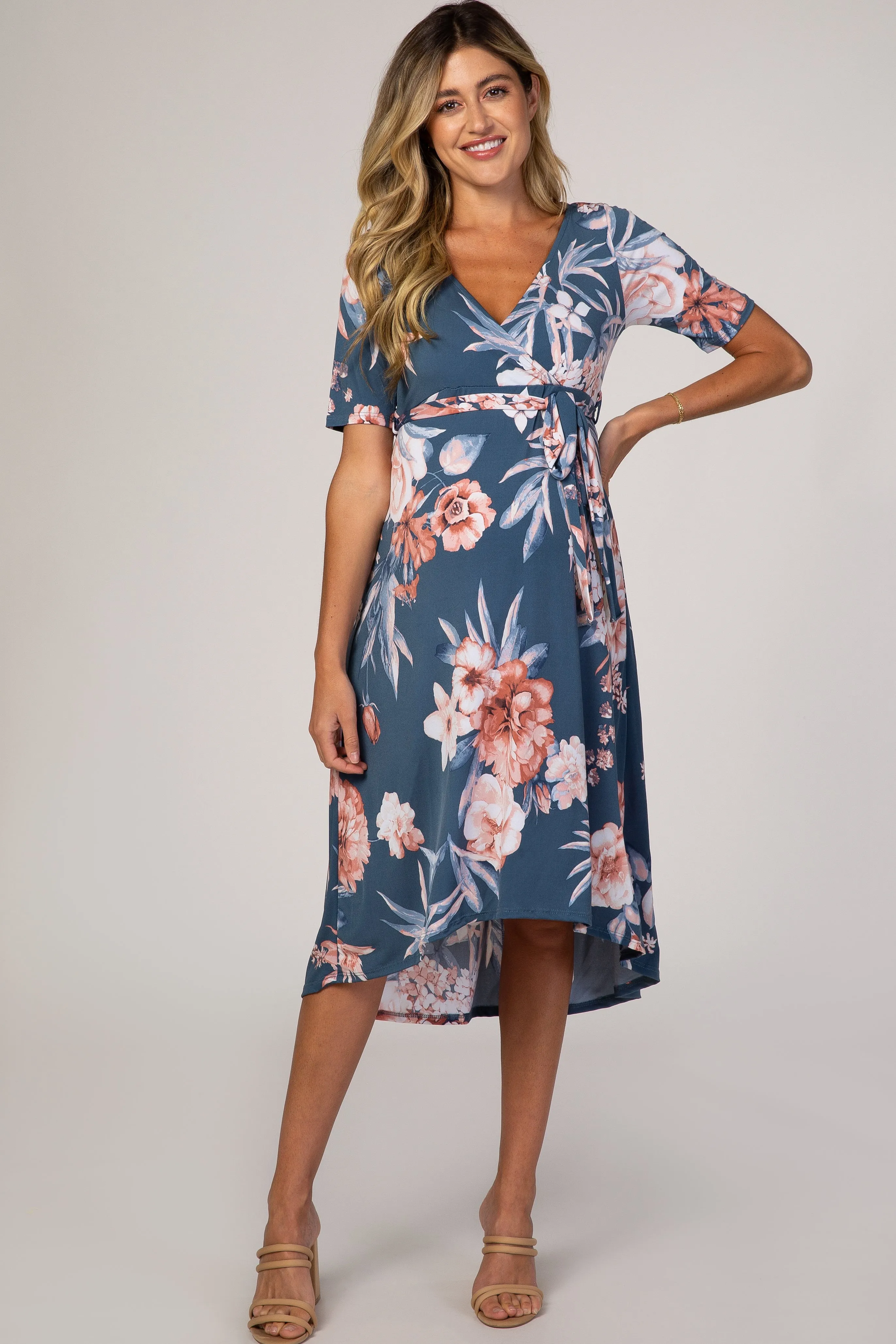 Blue Floral Draped Hi-Low Maternity Dress sold by Pinkblush product image thumbnail 2