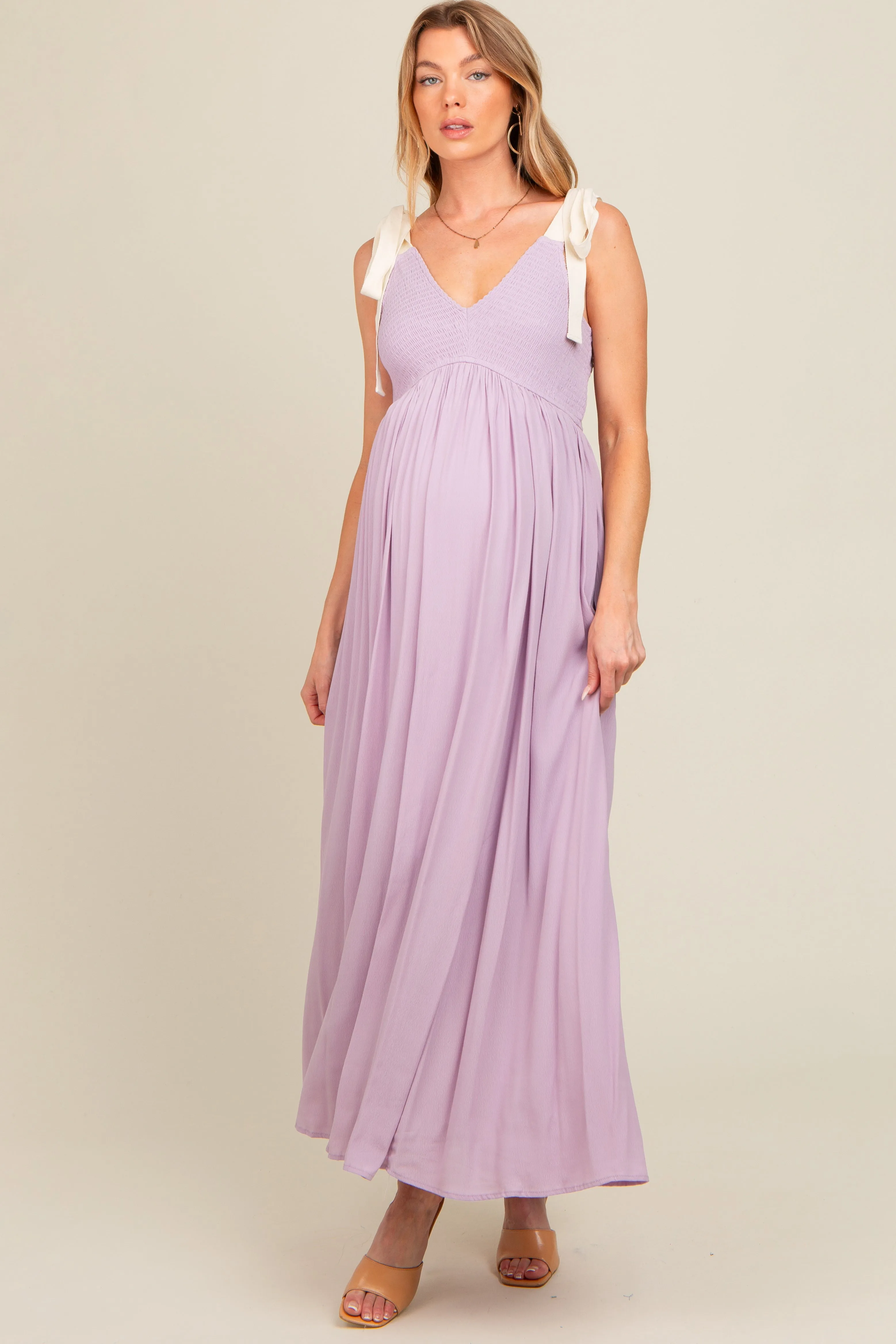 Lavender Contrast Shoulder Tie Smocked Maternity Maxi Dress sold by Pinkblush product image thumbnail 3
