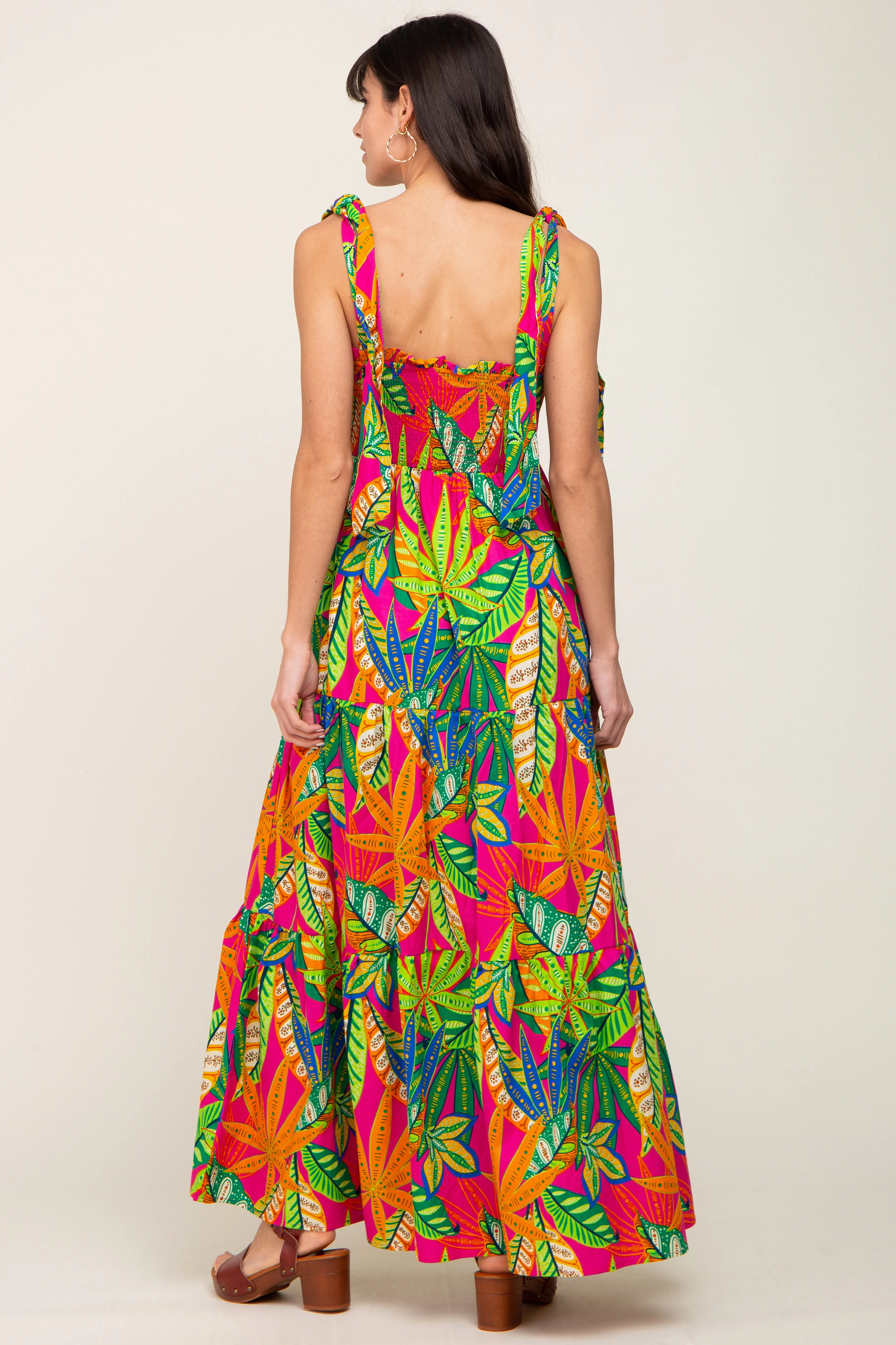 Fuchsia Tropical Print Smocked Tie Sleeve Maxi Dress sold by Pinkblush product image thumbnail 3