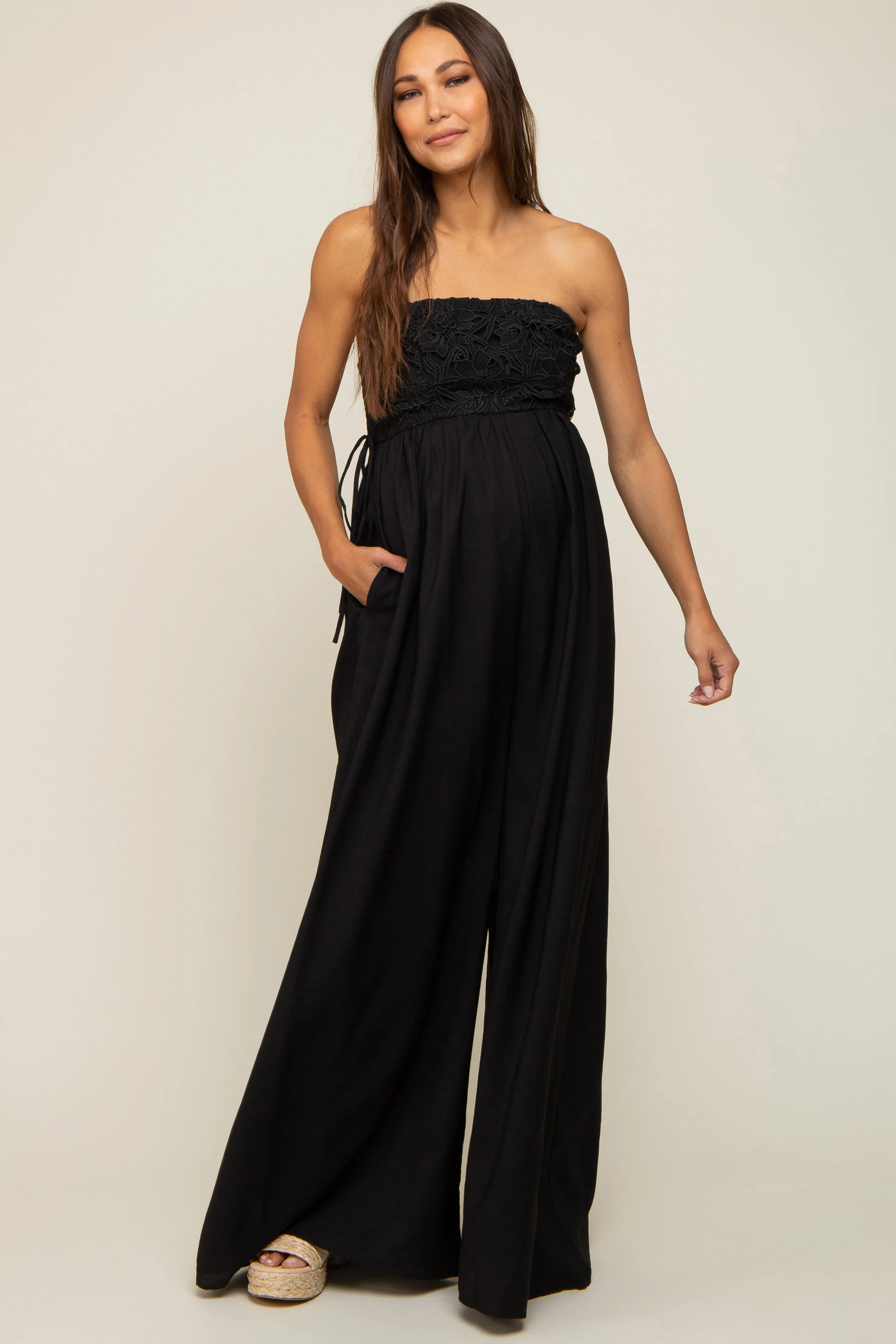 Black Lace Strapless Maternity Wide Leg Jumpsuit sold by Pinkblush product image thumbnail 4