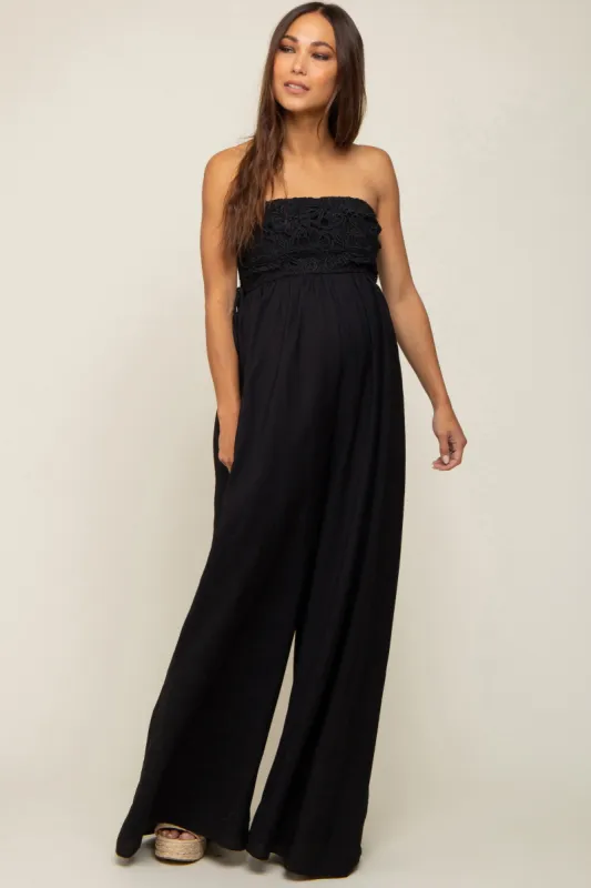 Black Lace Strapless Maternity Wide Leg Jumpsuit sold by Pinkblush