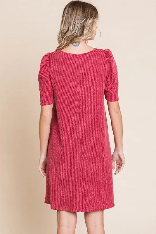 Burgundy Washed Ribbed Puff Sleeve Dress sold by Pinkblush product image thumbnail 2