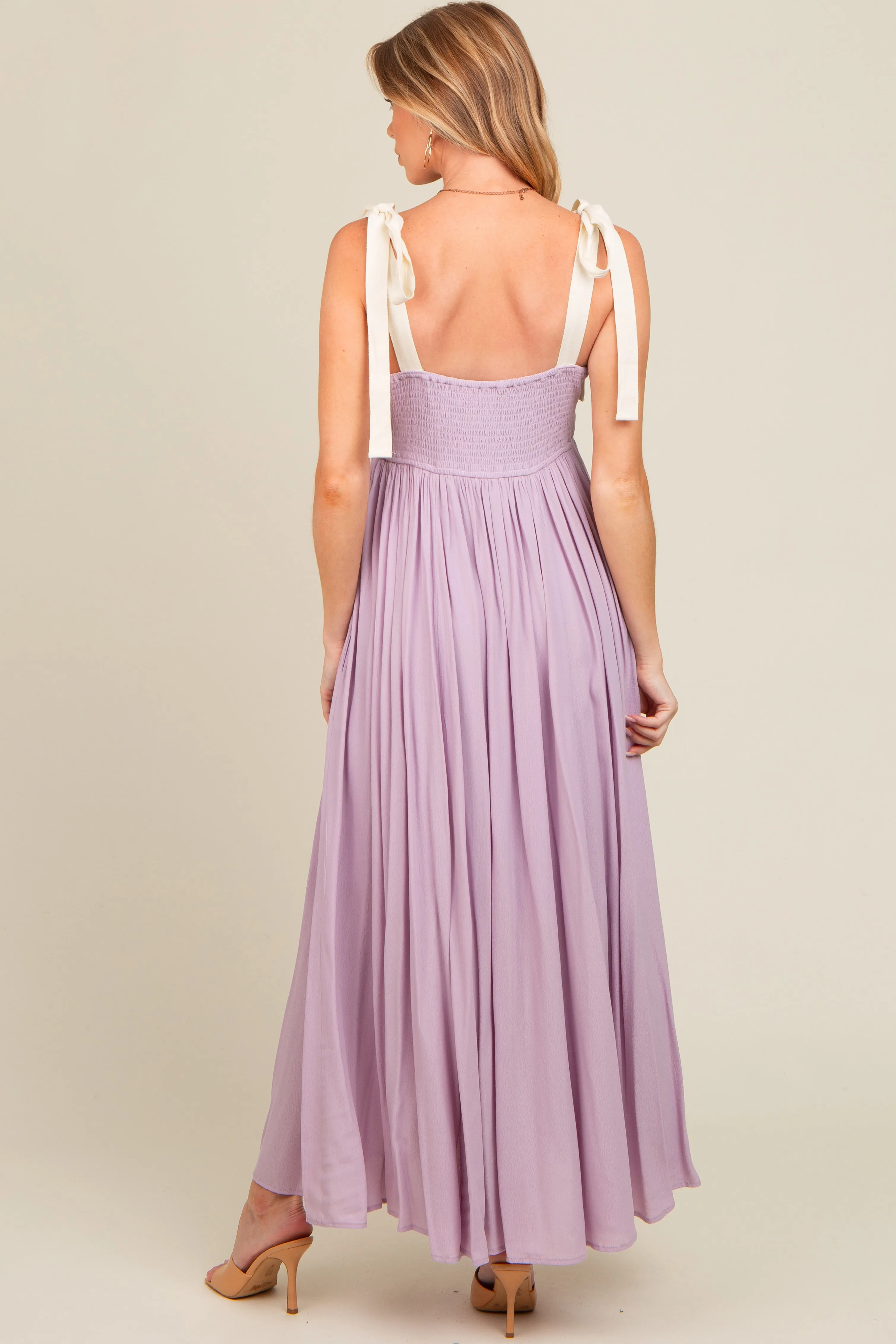 Lavender Contrast Shoulder Tie Smocked Maternity Maxi Dress sold by Pinkblush product image thumbnail 4