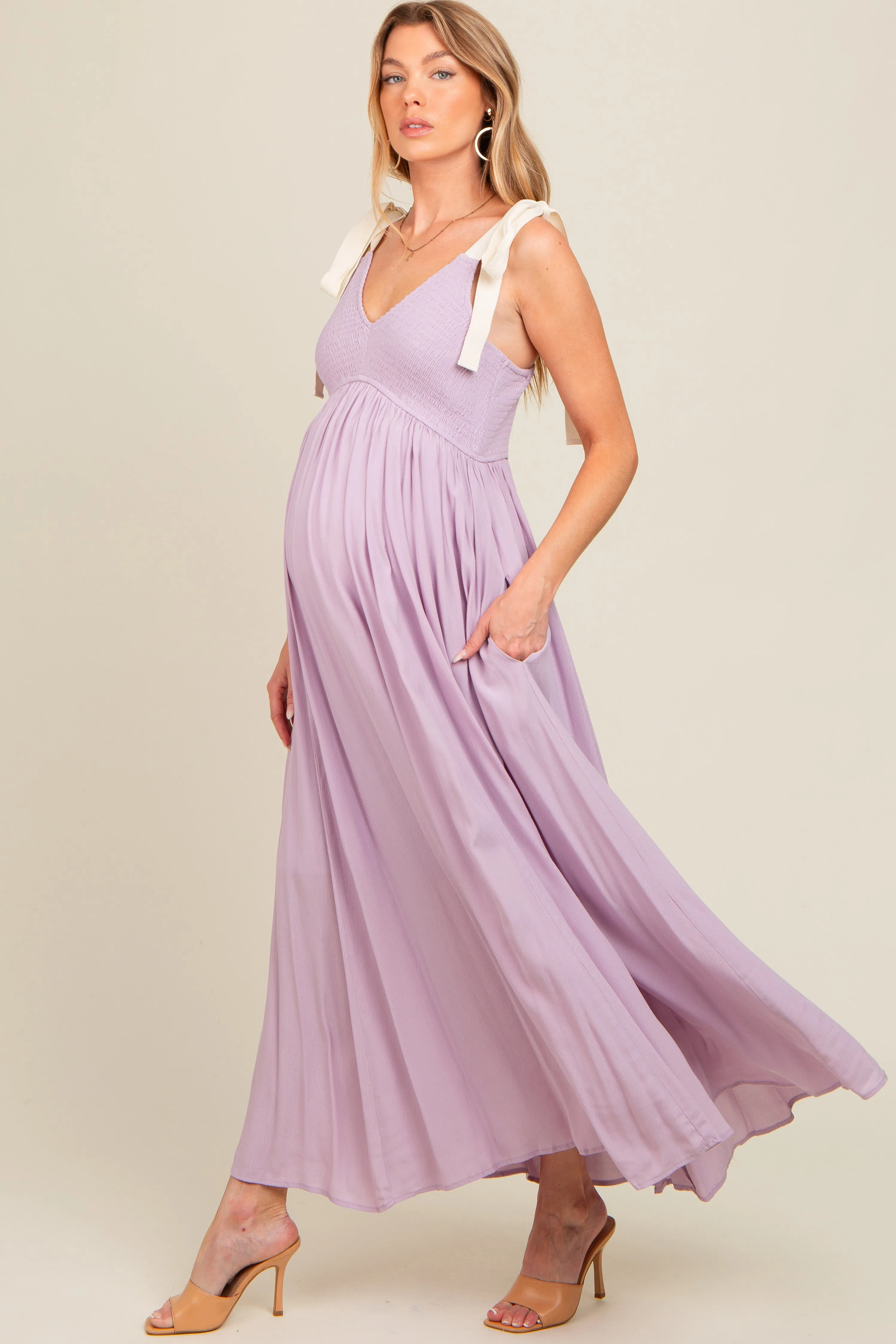 Lavender Contrast Shoulder Tie Smocked Maternity Maxi Dress sold by Pinkblush