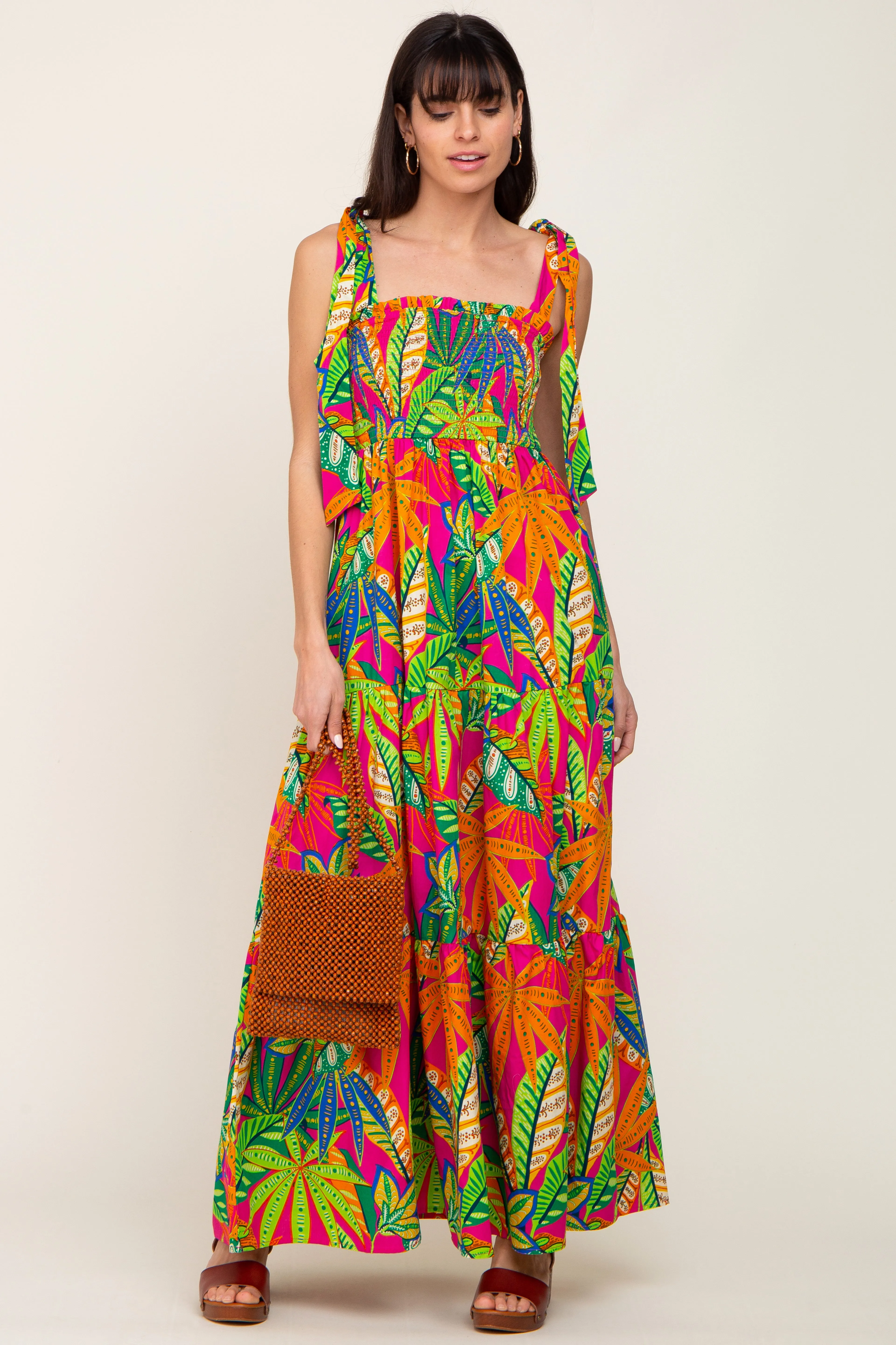 Fuchsia Tropical Print Smocked Tie Sleeve Maxi Dress sold by Pinkblush product image thumbnail 4