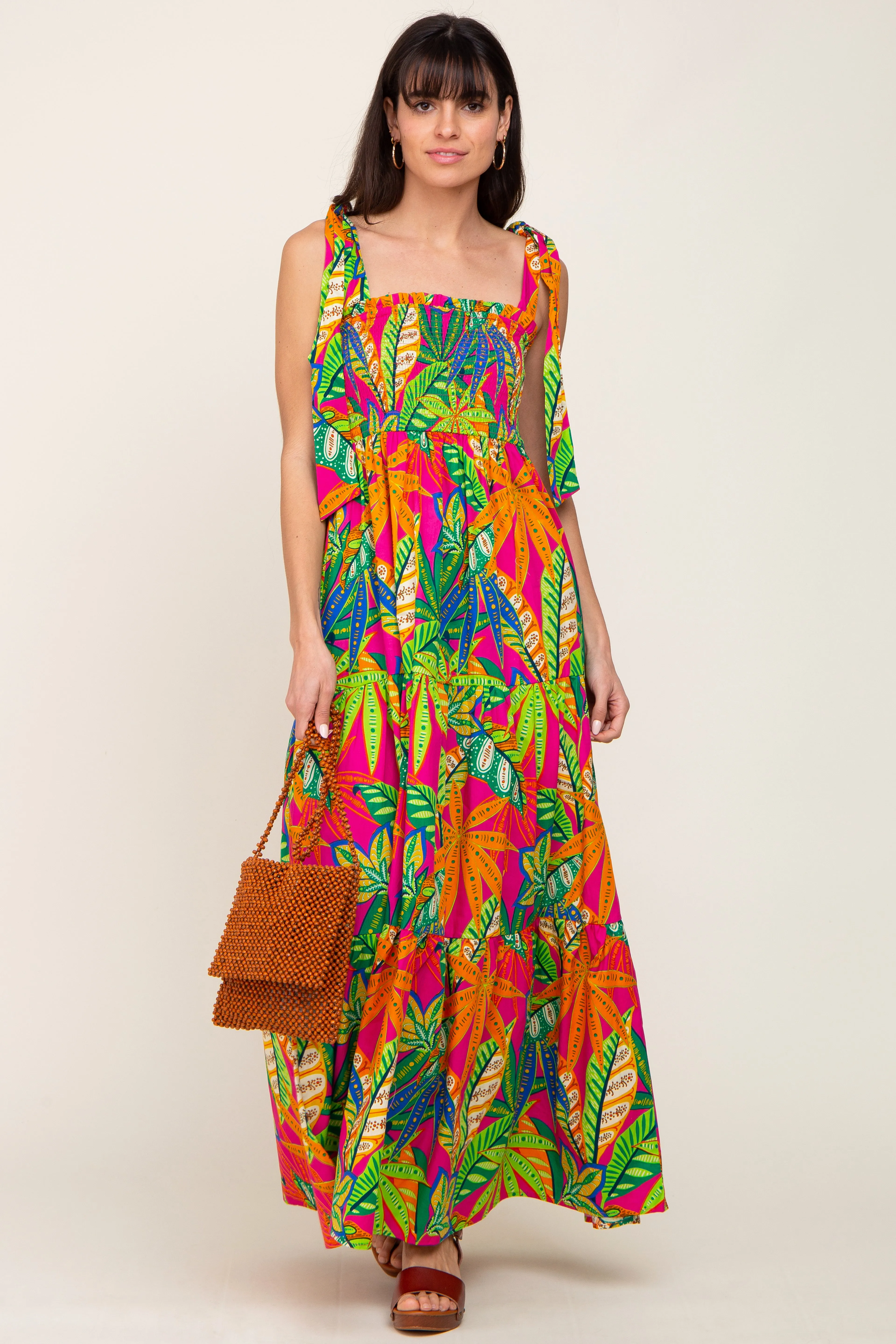 Fuchsia Tropical Print Smocked Tie Sleeve Maxi Dress sold by Pinkblush