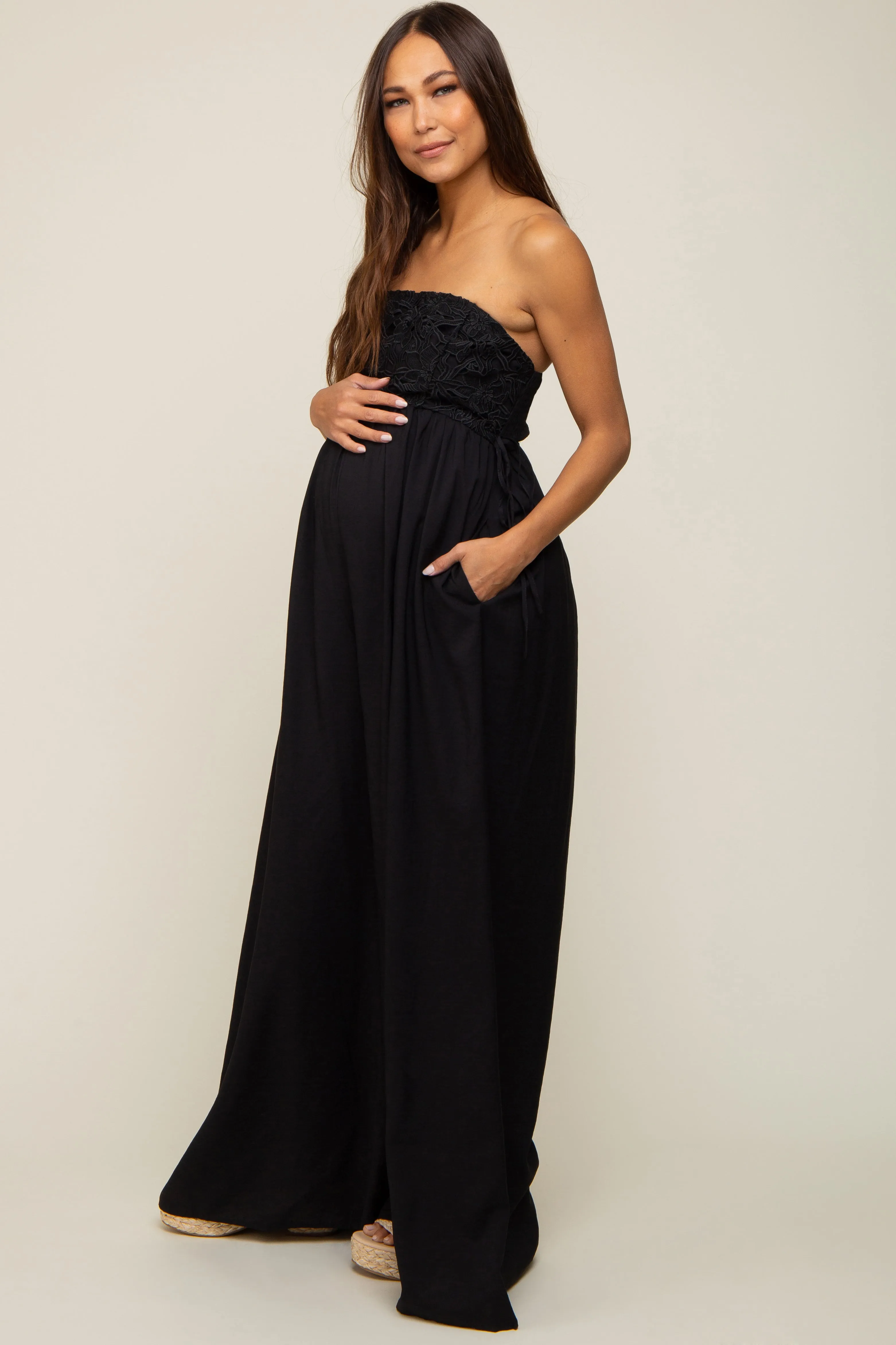 Black Lace Strapless Maternity Wide Leg Jumpsuit sold by Pinkblush product image thumbnail 2