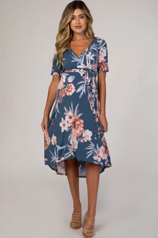 Blue Floral Draped Hi-Low Maternity Dress sold by Pinkblush