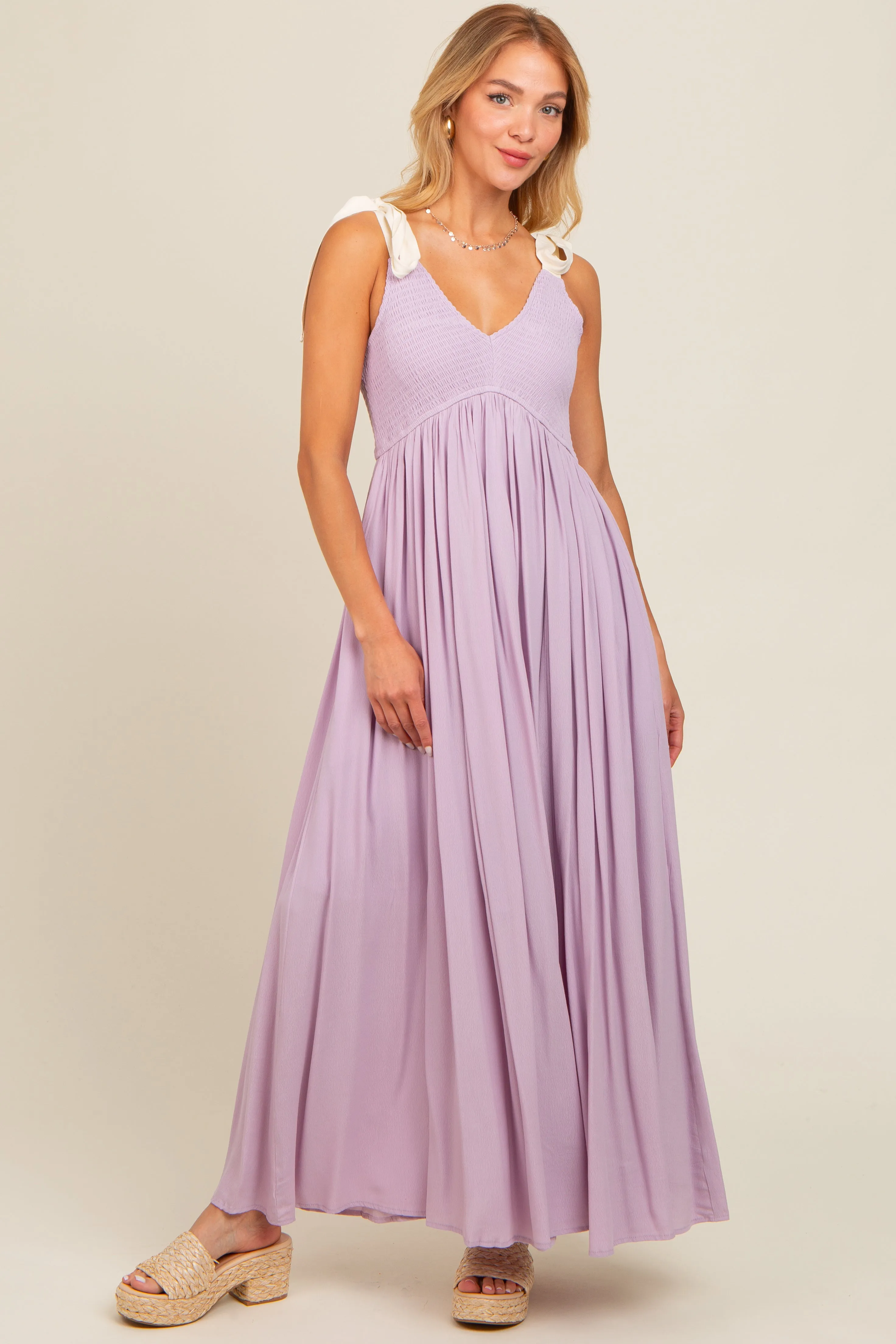 Lavender Contrast Shoulder Tie Smocked Maternity Maxi Dress sold by Pinkblush product image thumbnail 5