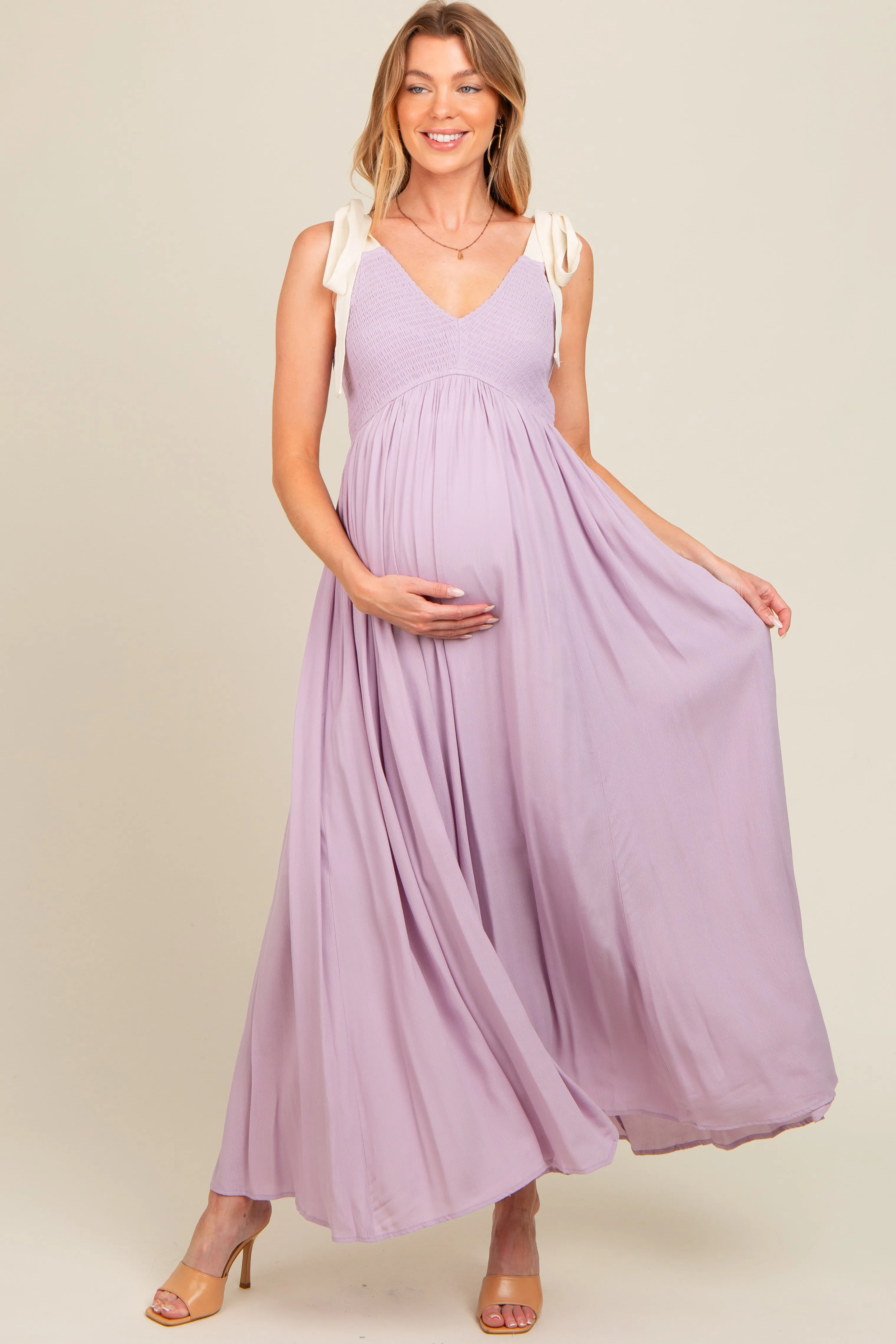 Lavender Contrast Shoulder Tie Smocked Maternity Maxi Dress sold by Pinkblush product image thumbnail 2