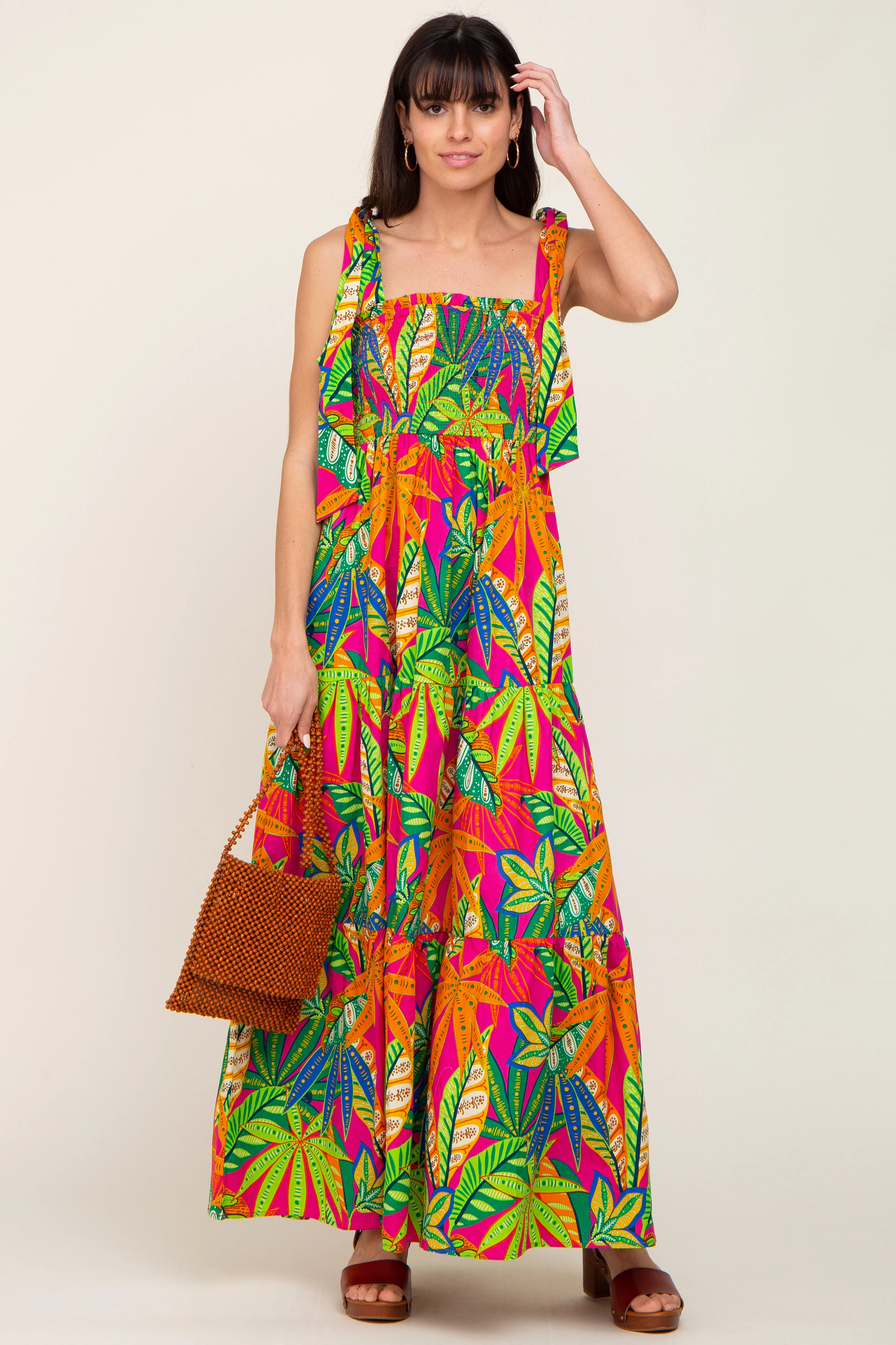 Fuchsia Tropical Print Smocked Tie Sleeve Maxi Dress sold by Pinkblush product image thumbnail 5