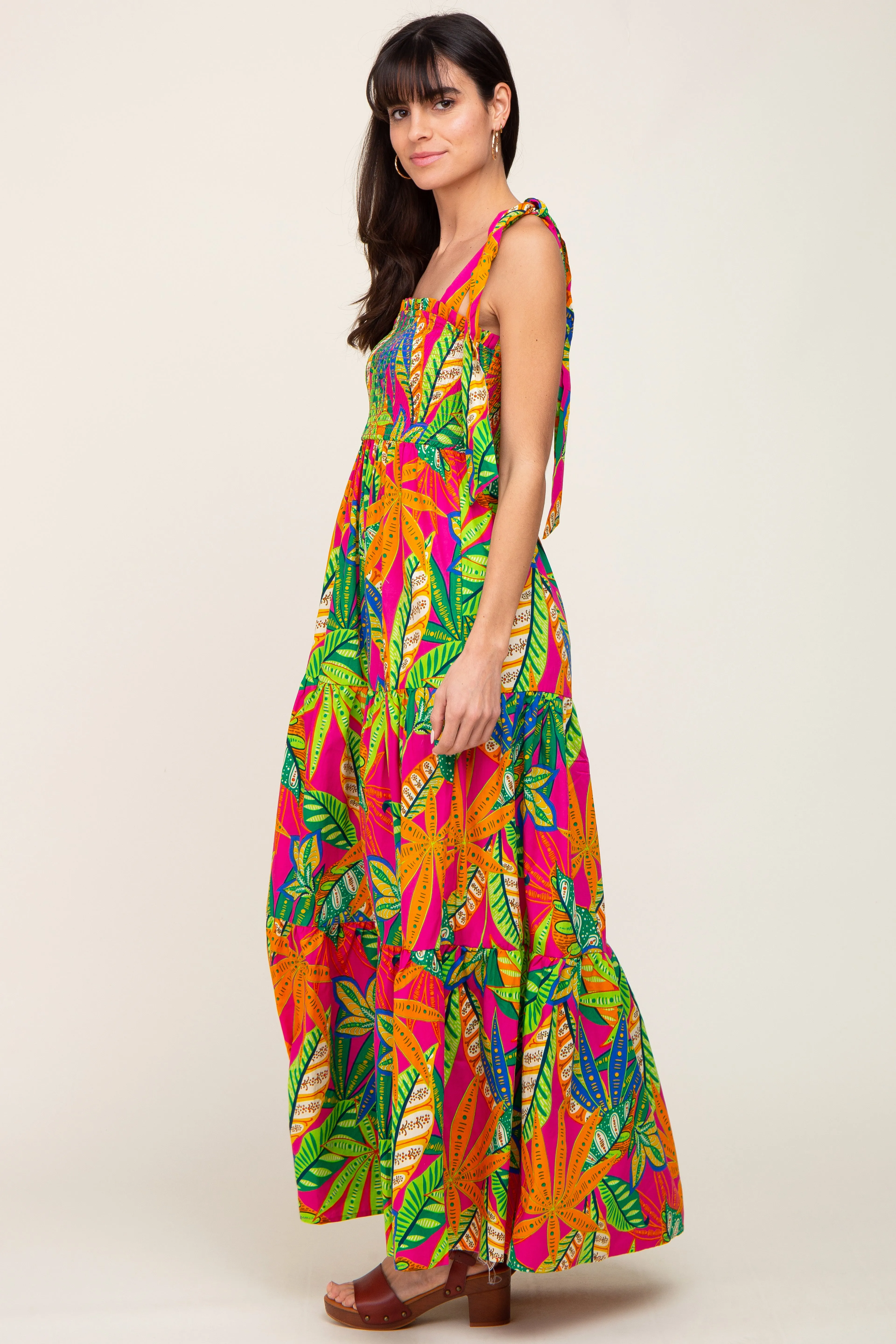 Fuchsia Tropical Print Smocked Tie Sleeve Maxi Dress sold by Pinkblush product image thumbnail 2