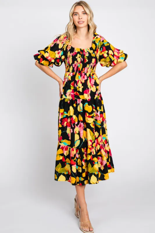 Black Floral Puff Sleeve Midi Dress sold by Pinkblush