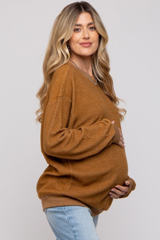 Camel Oversized Brushed Knit Long Sleeve Maternity Top sold by Pinkblush product image thumbnail 2