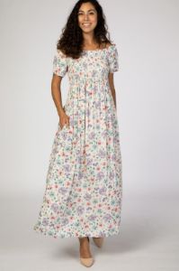Ivory Floral Smocked Off Shoulder Maxi Dress sold by Pinkblush