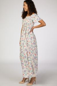 Ivory Floral Smocked Off Shoulder Maxi Dress sold by Pinkblush