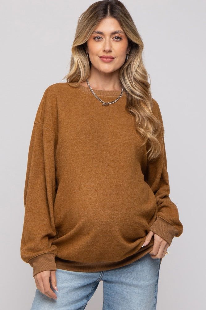 Camel Oversized Brushed Knit Long Sleeve Maternity Top sold by Pinkblush