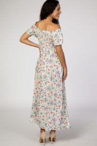 Ivory Floral Smocked Off Shoulder Maxi Dress sold by Pinkblush