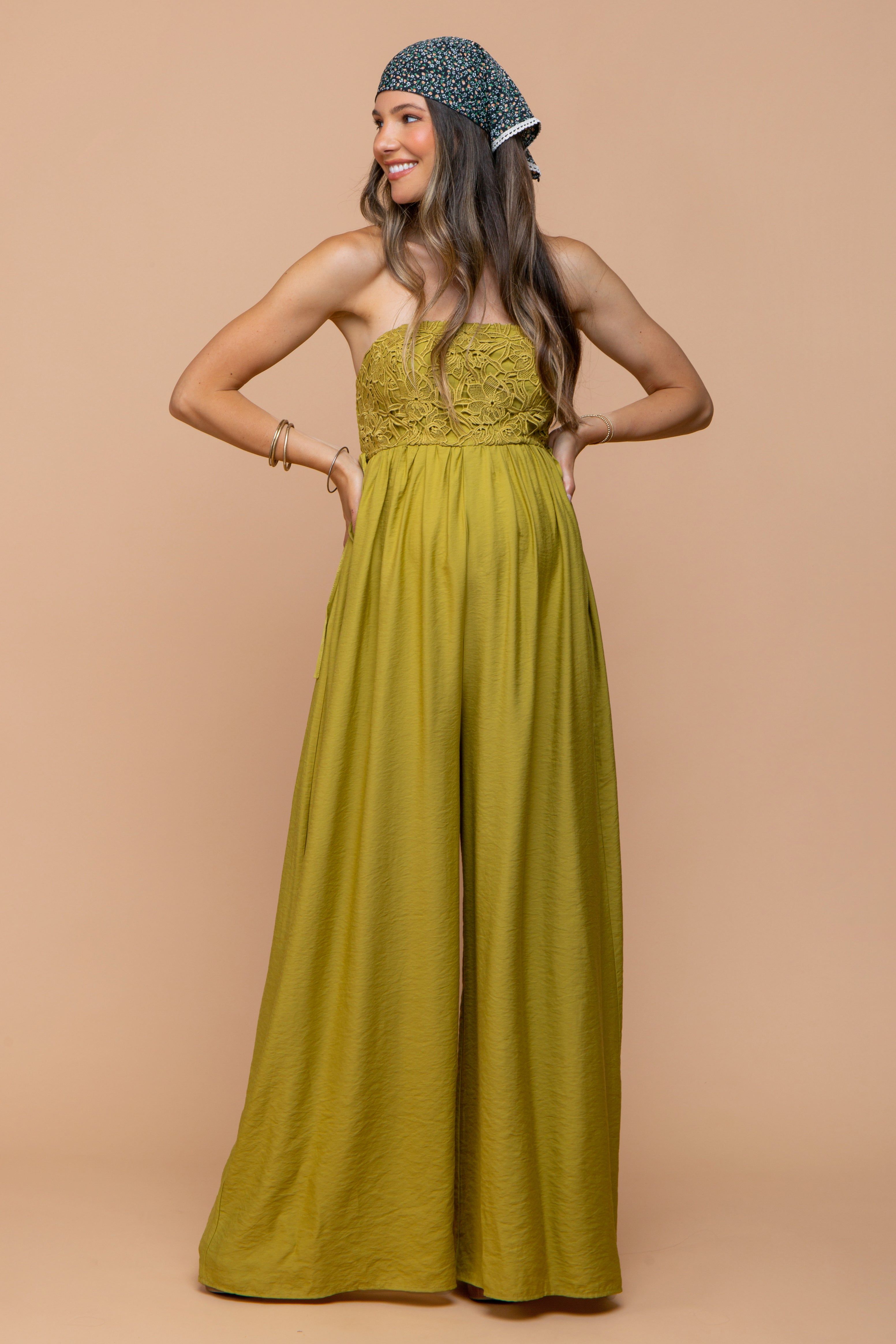 Lime Lace Strapless Maternity Wide Leg Jumpsuit sold by Pinkblush