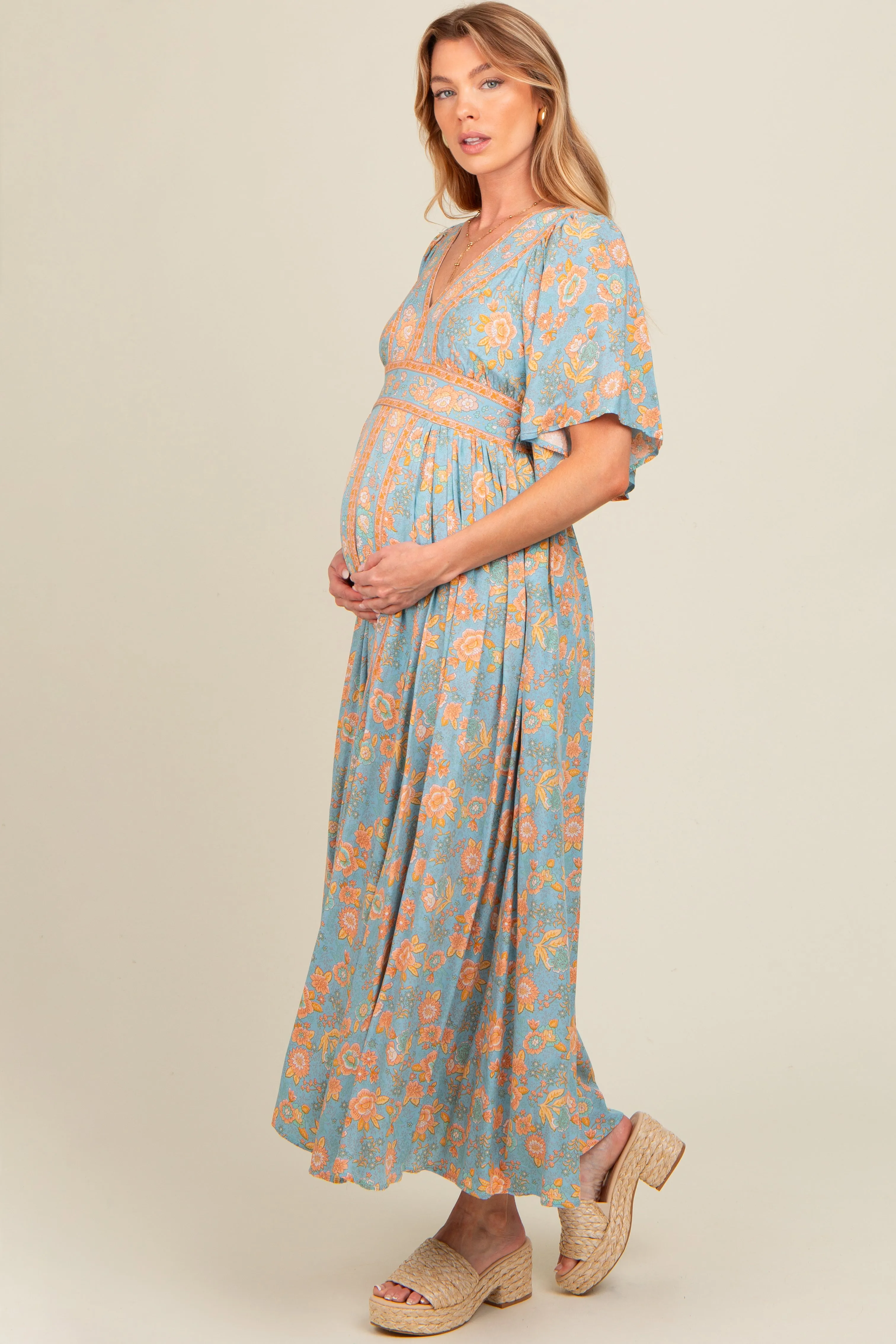 Blue Floral Border Print Flutter Sleeve Maternity Maxi Dress sold by Pinkblush product image thumbnail 3