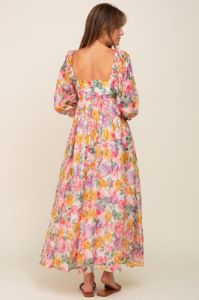 Pink Floral Shimmer Chiffon Square Neck 3/4 Sleeve Maxi Dress sold by Pinkblush