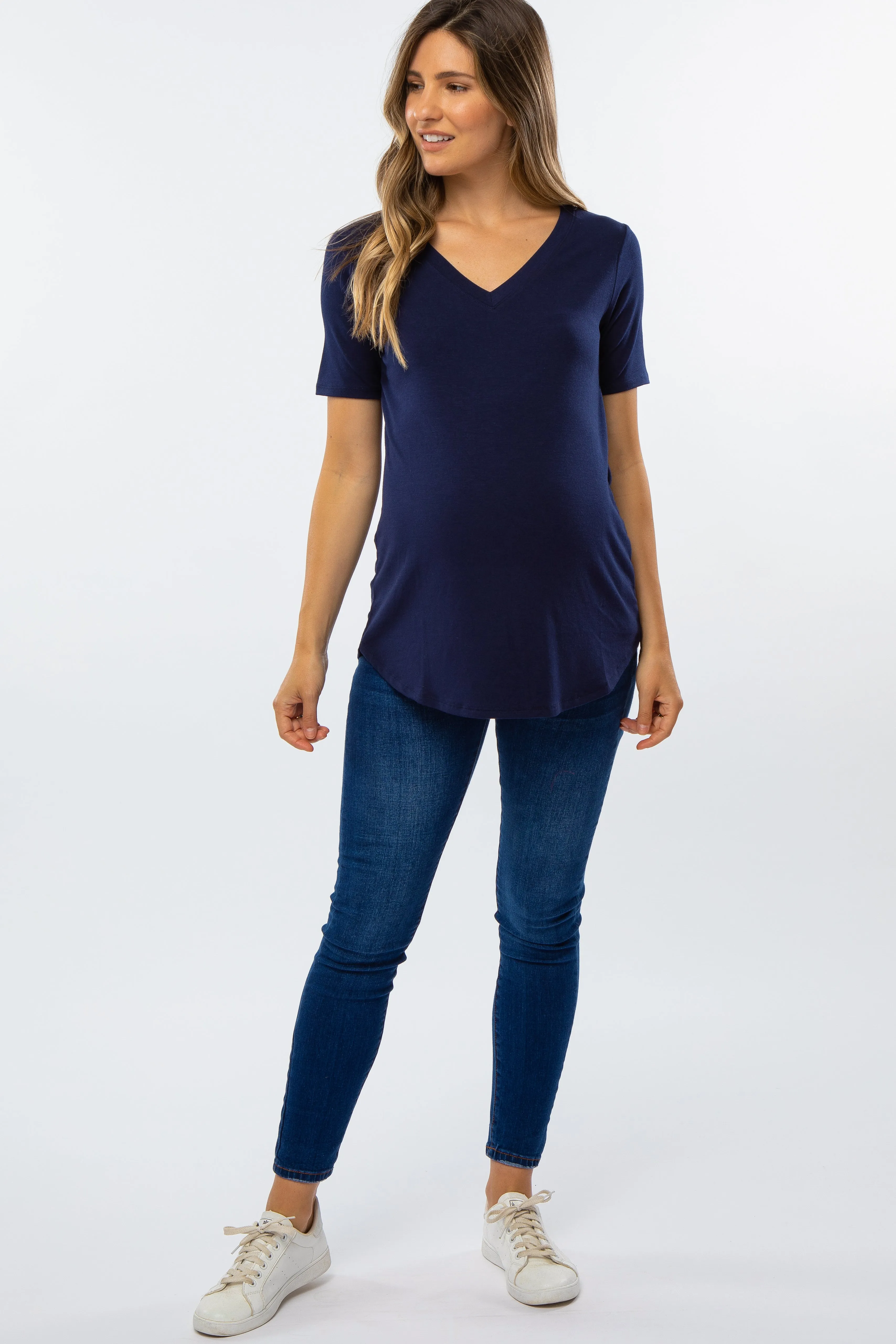 Navy Blue V-Neck Maternity Short Sleeve Round Hem Top sold by Pinkblush product image thumbnail 4
