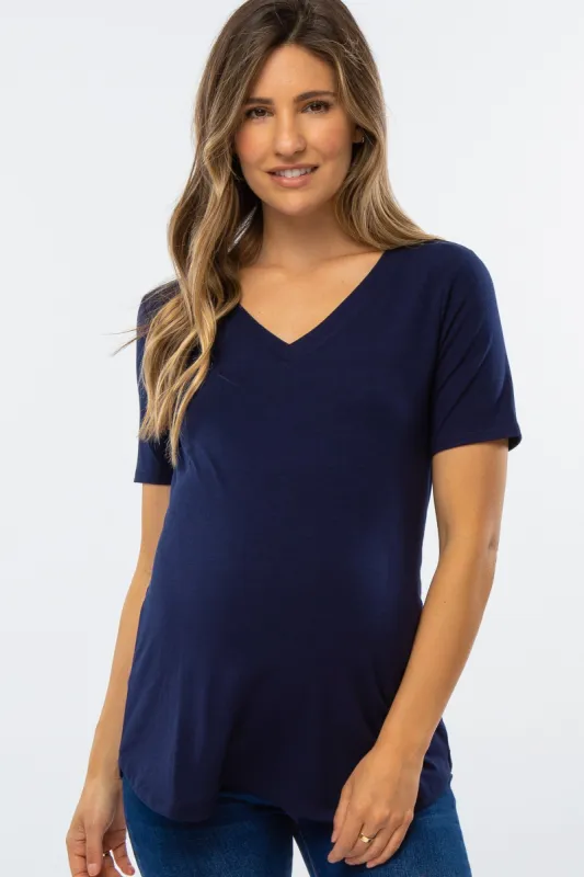 Navy Blue V-Neck Maternity Short Sleeve Round Hem Top sold by Pinkblush