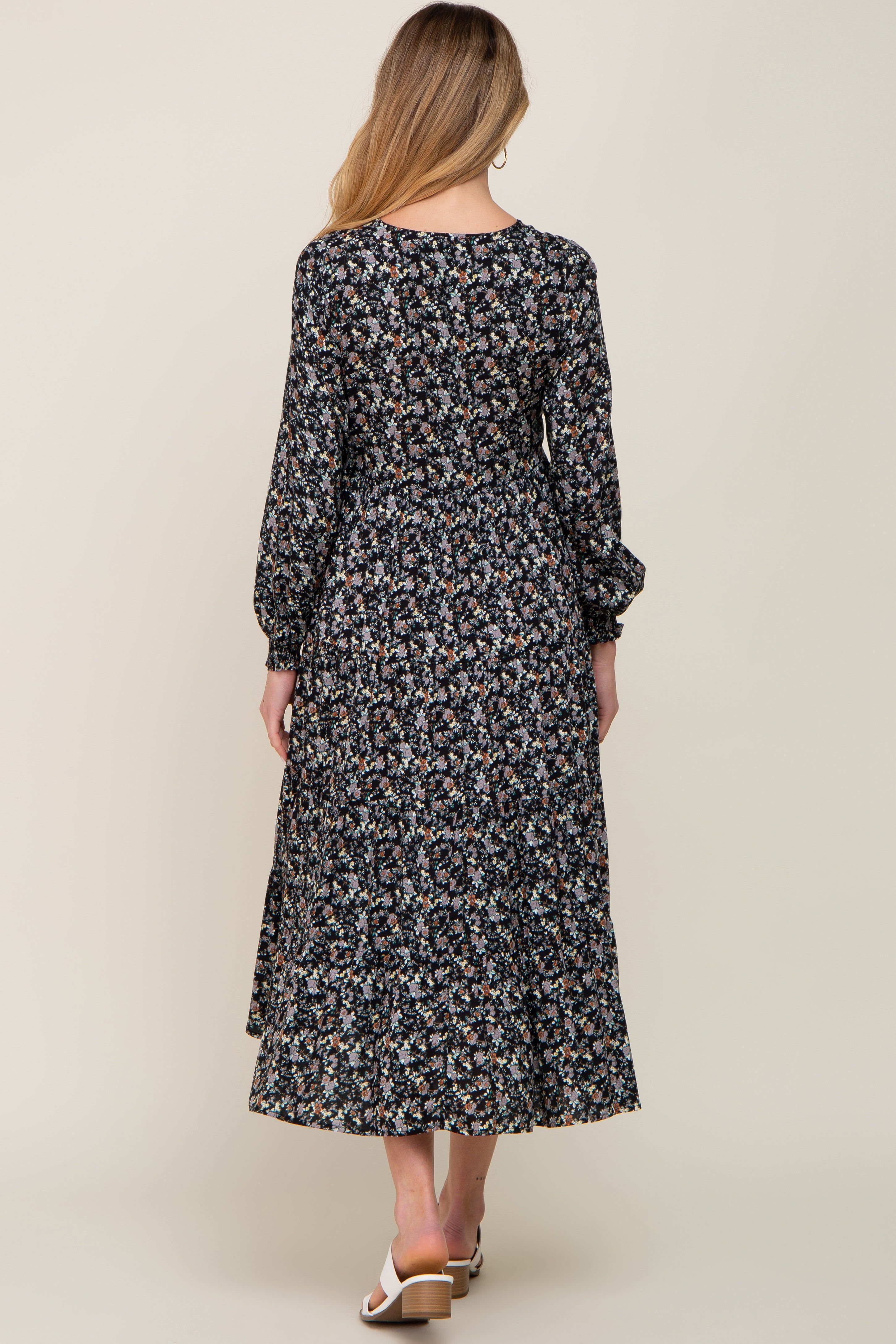 Black Floral Button Front Long Sleeve Tiered Maternity Midi Dress sold by Pinkblush product image thumbnail 3