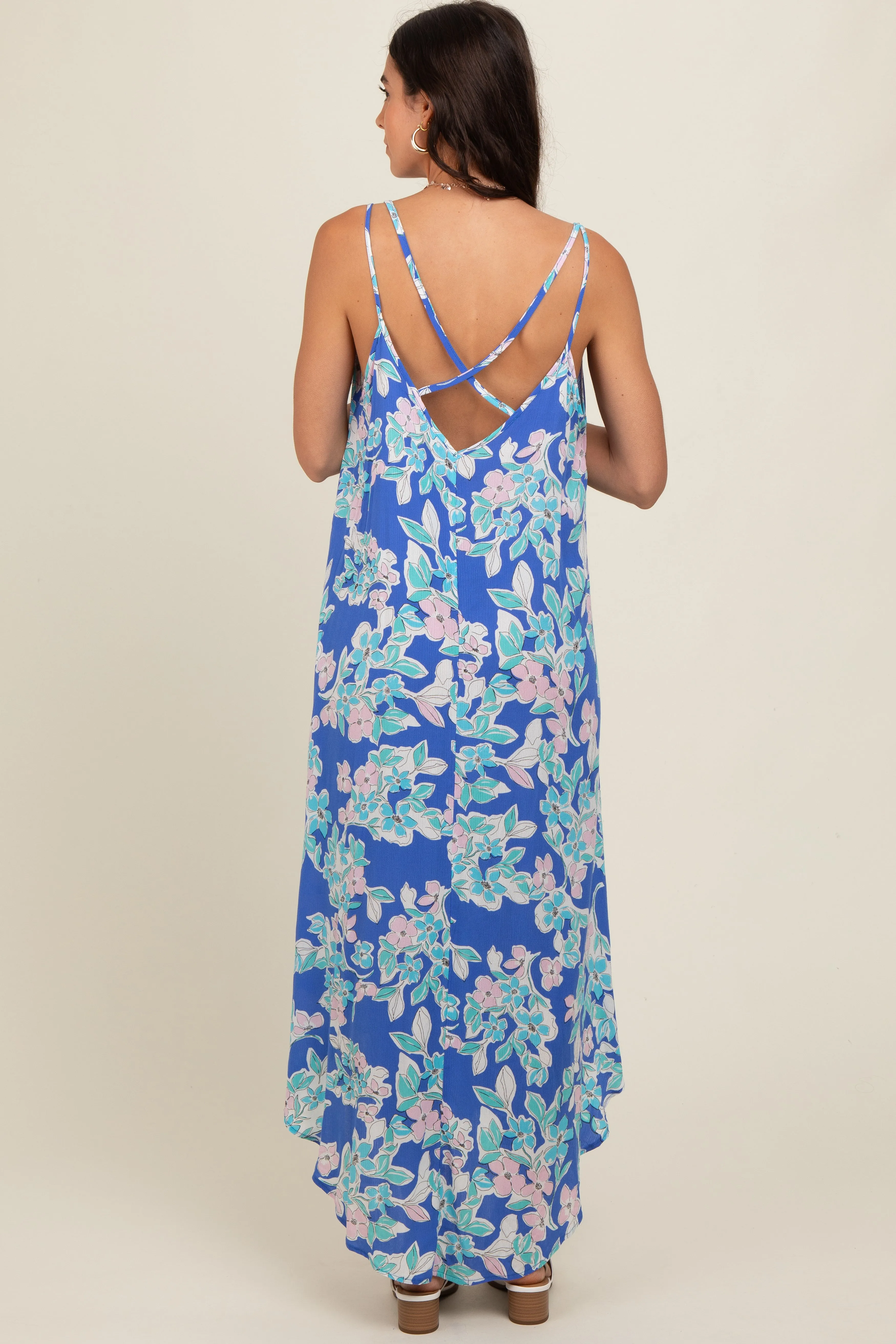 Blue Floral V-Neck Cross Back Midi Dress sold by Pinkblush product image thumbnail 3