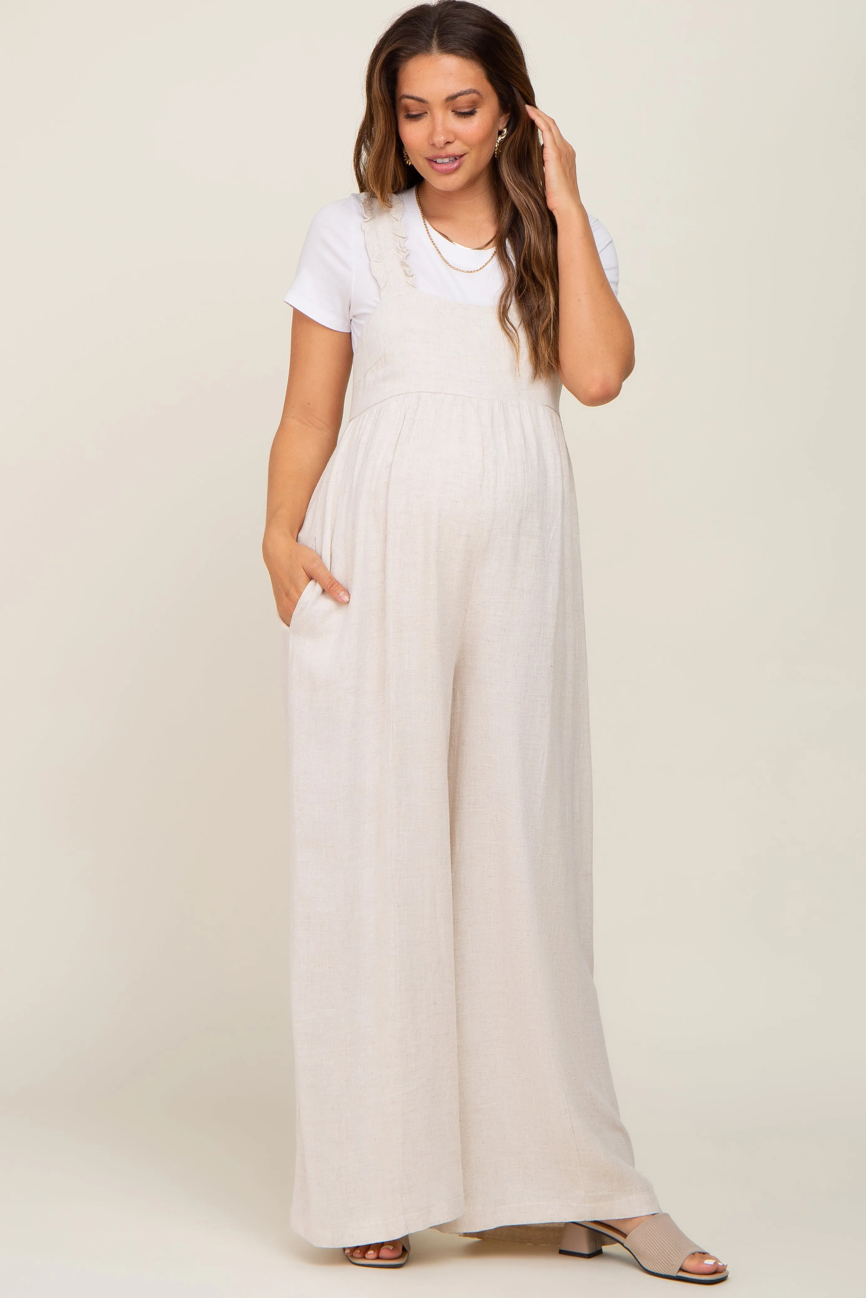 Beige Ruffle Trim Back Tie Maternity Jumpsuit sold by Pinkblush product image thumbnail 4