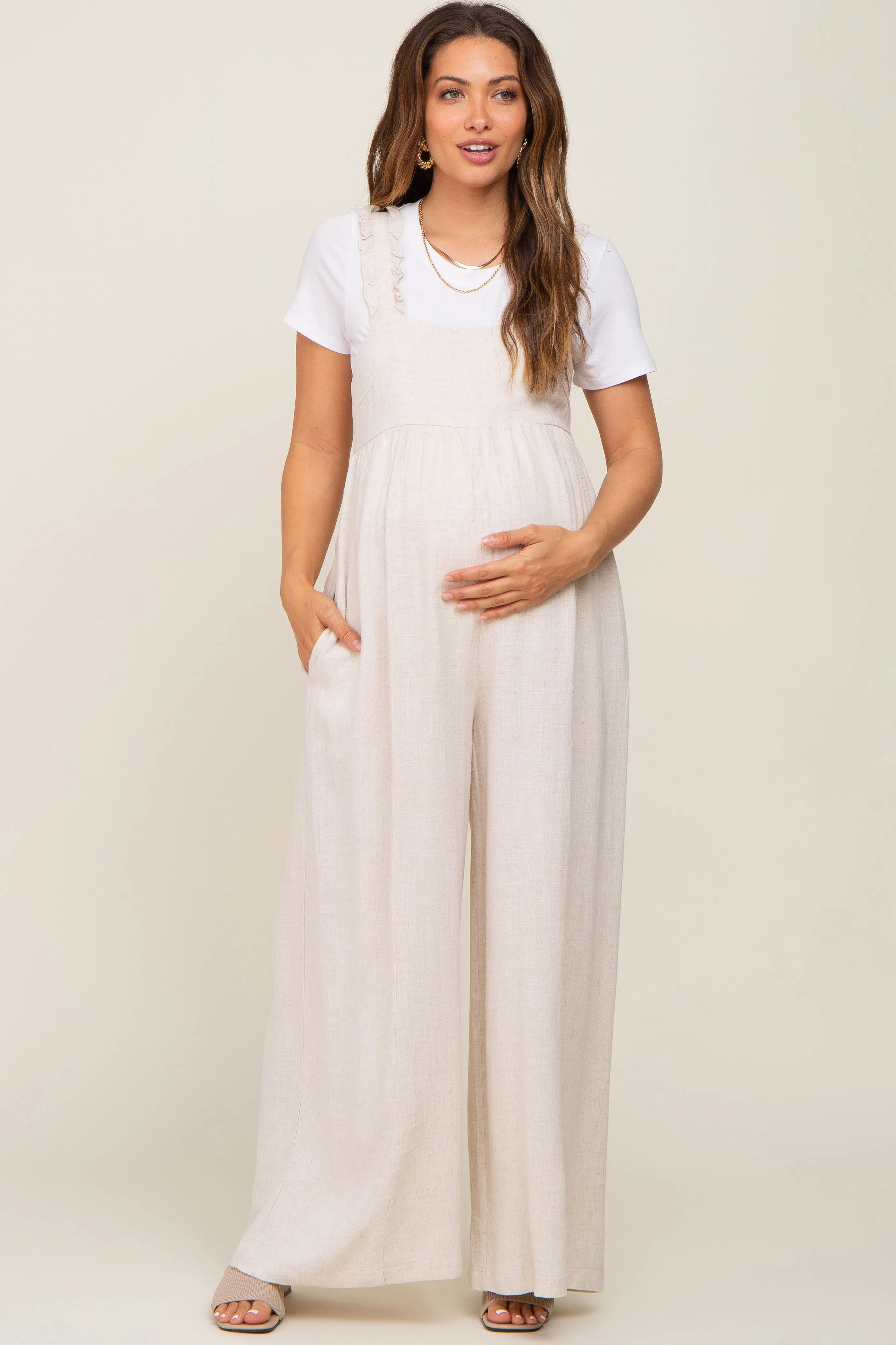 Beige Ruffle Trim Back Tie Maternity Jumpsuit sold by Pinkblush