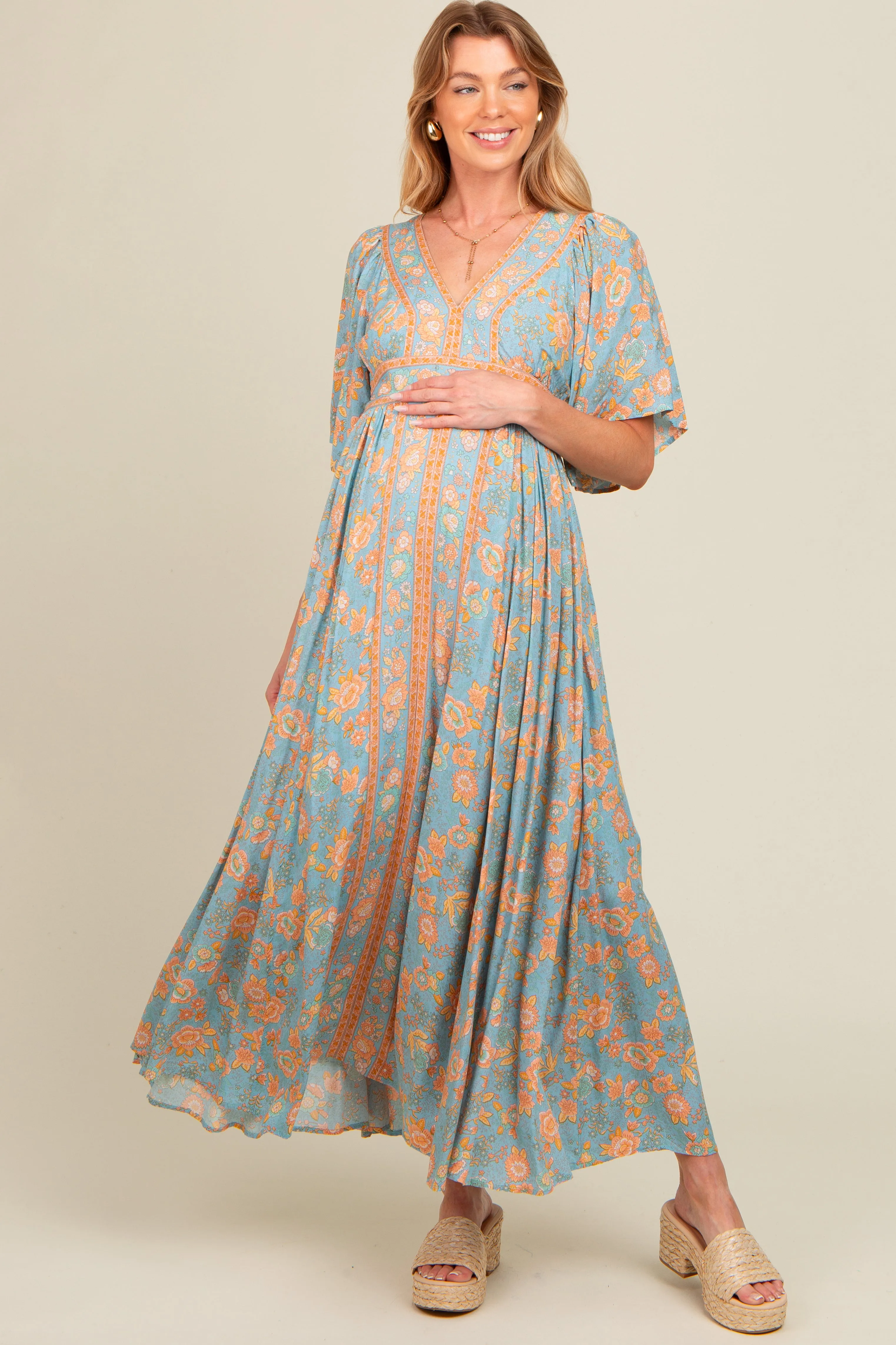 Blue Floral Border Print Flutter Sleeve Maternity Maxi Dress sold by Pinkblush