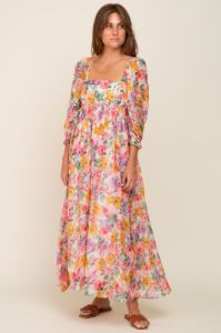 Pink Floral Shimmer Chiffon Square Neck 3/4 Sleeve Maxi Dress sold by Pinkblush
