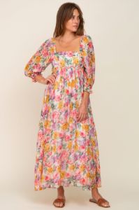 Pink Floral Shimmer Chiffon Square Neck 3/4 Sleeve Maxi Dress sold by Pinkblush