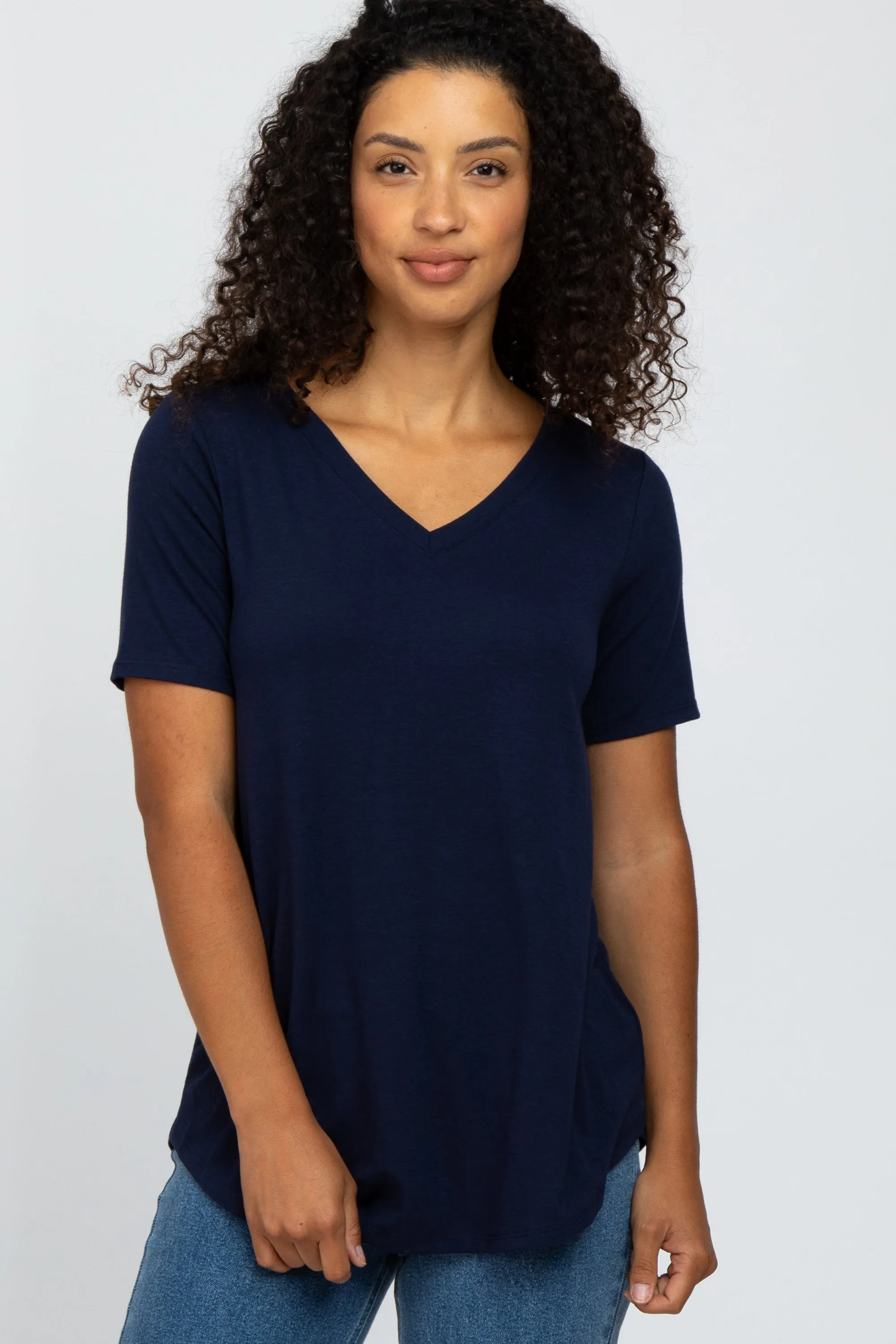 Navy Blue V-Neck Maternity Short Sleeve Round Hem Top sold by Pinkblush product image thumbnail 5