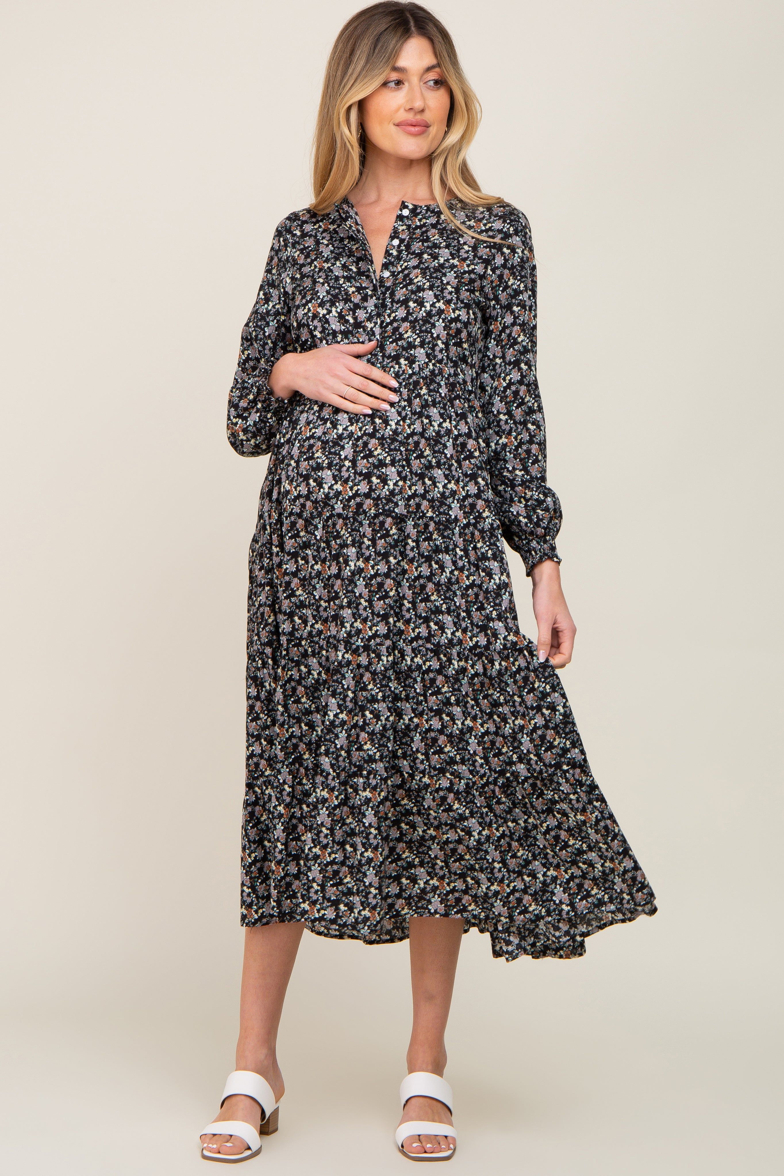 Black Floral Button Front Long Sleeve Tiered Maternity Midi Dress sold by Pinkblush product image thumbnail 4