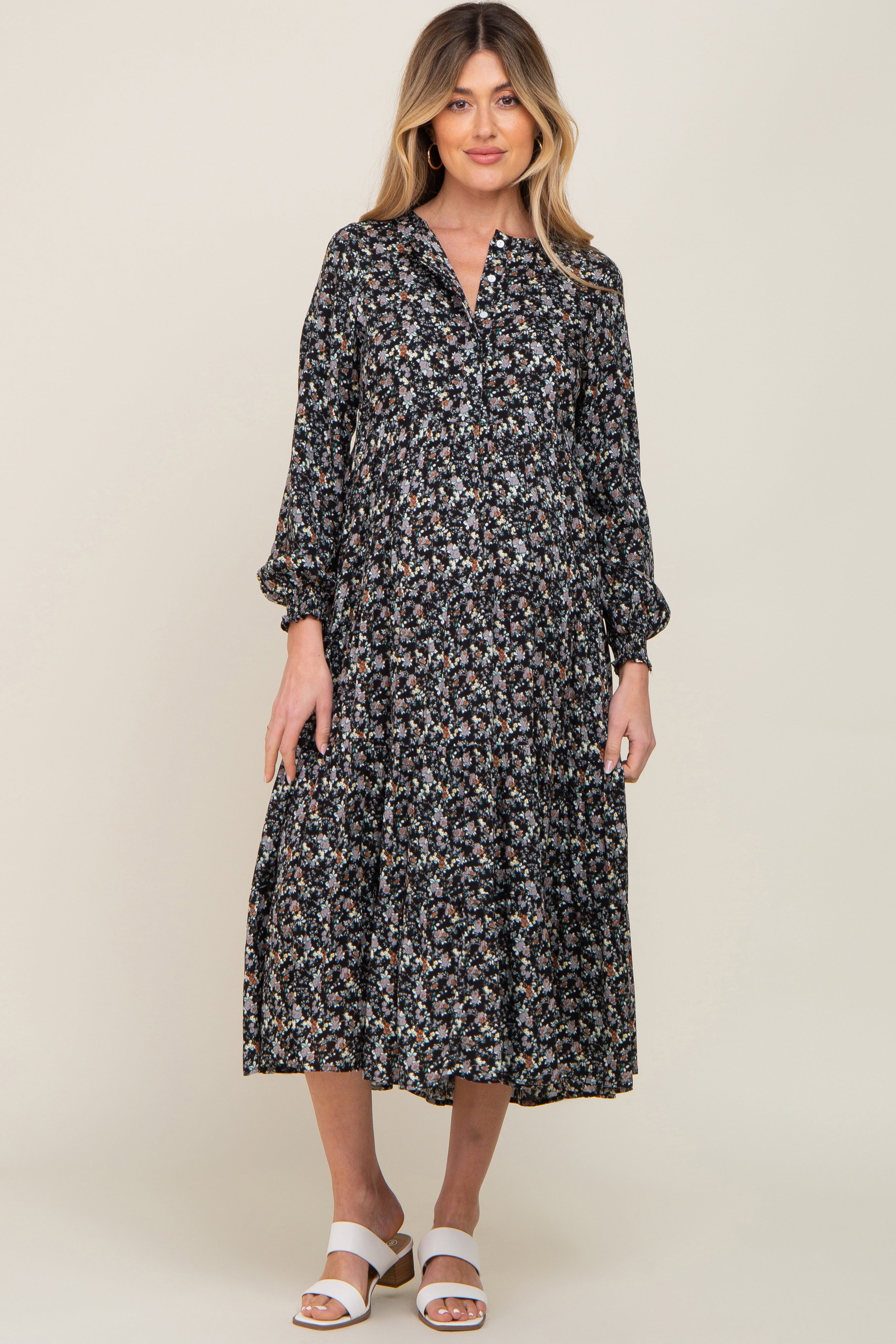 Black Floral Button Front Long Sleeve Tiered Maternity Midi Dress sold by Pinkblush