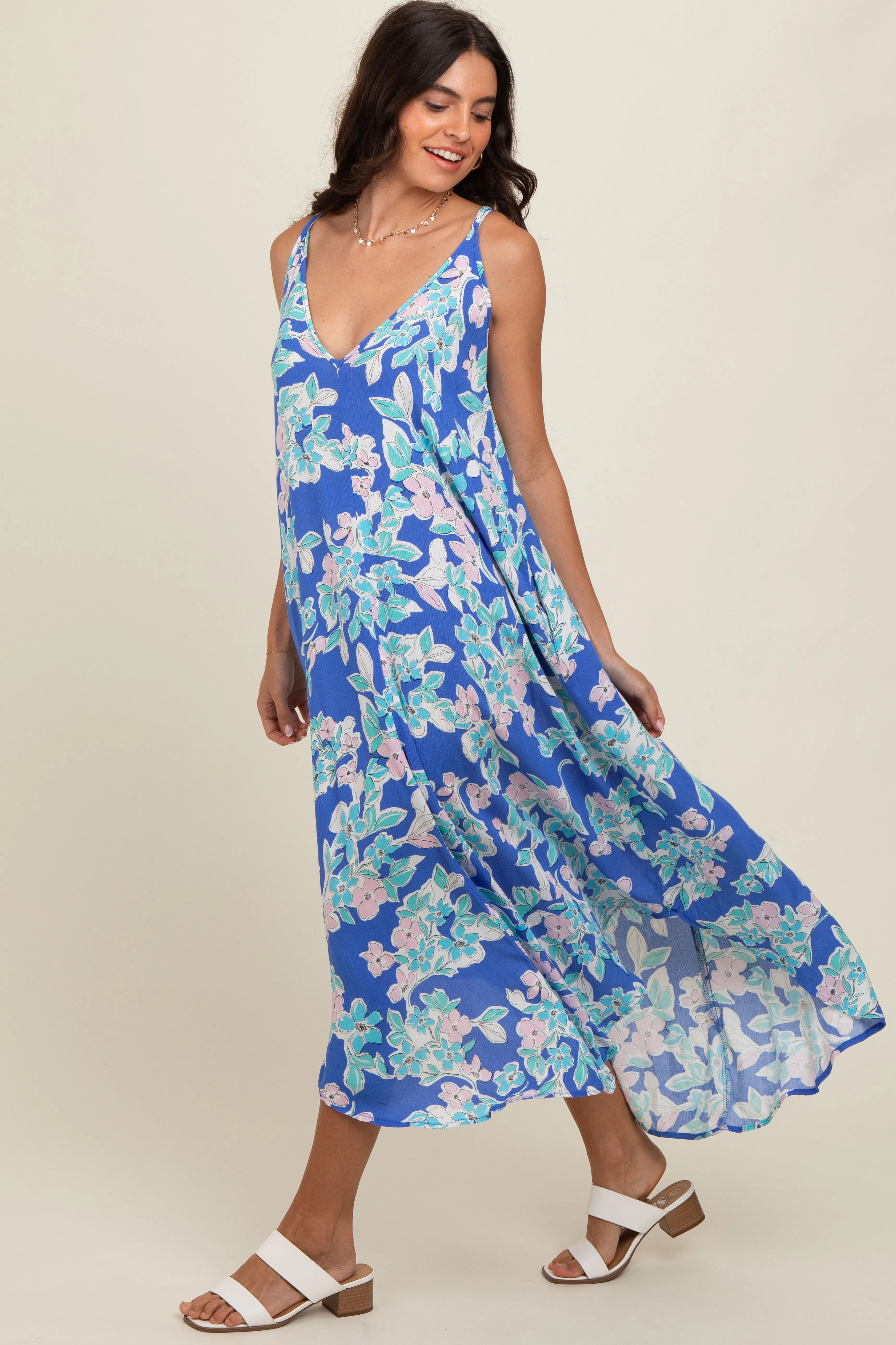 Blue Floral V-Neck Cross Back Midi Dress sold by Pinkblush