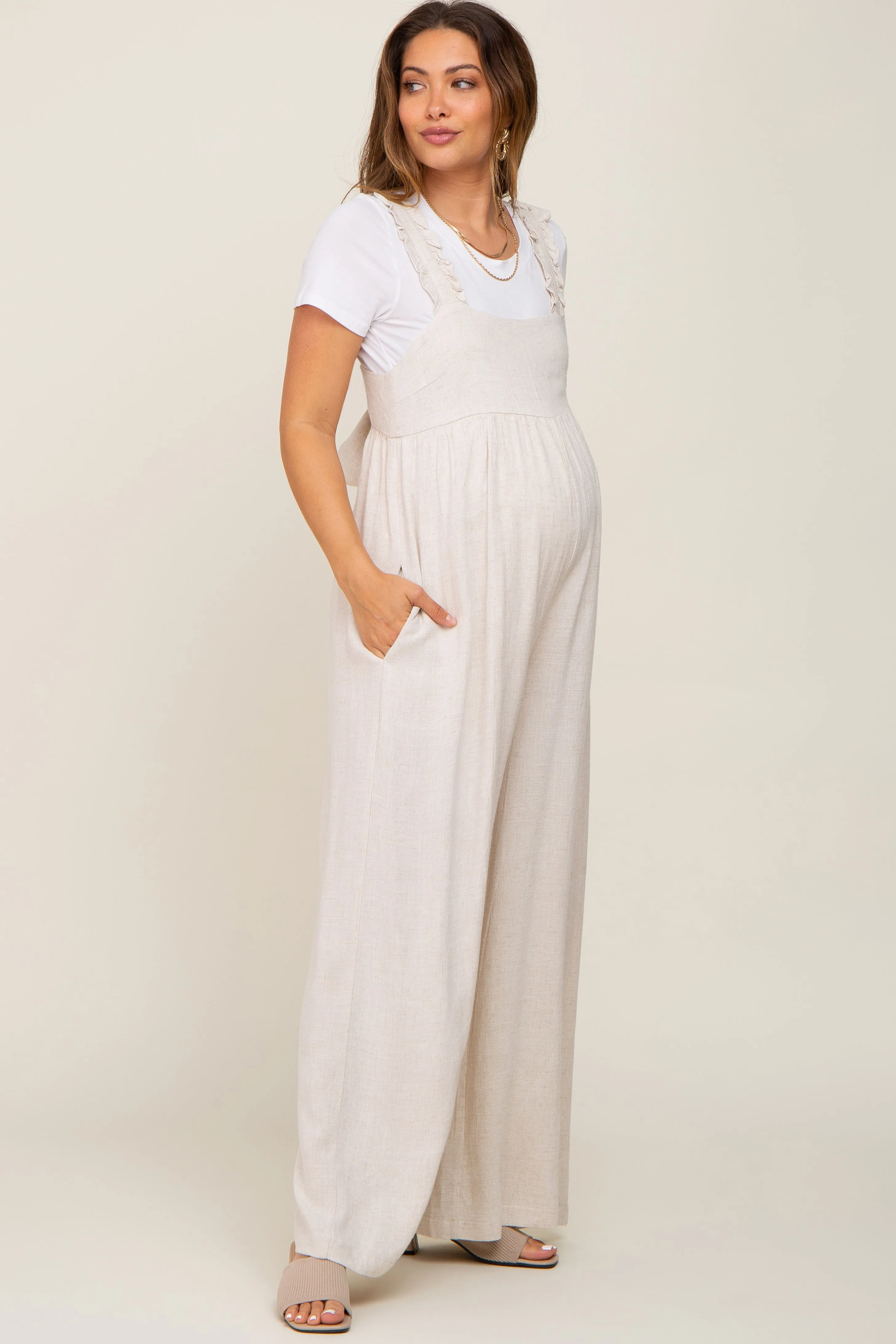 Beige Ruffle Trim Back Tie Maternity Jumpsuit sold by Pinkblush product image thumbnail 2