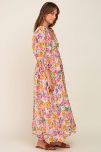 Pink Floral Shimmer Chiffon Square Neck 3/4 Sleeve Maxi Dress sold by Pinkblush