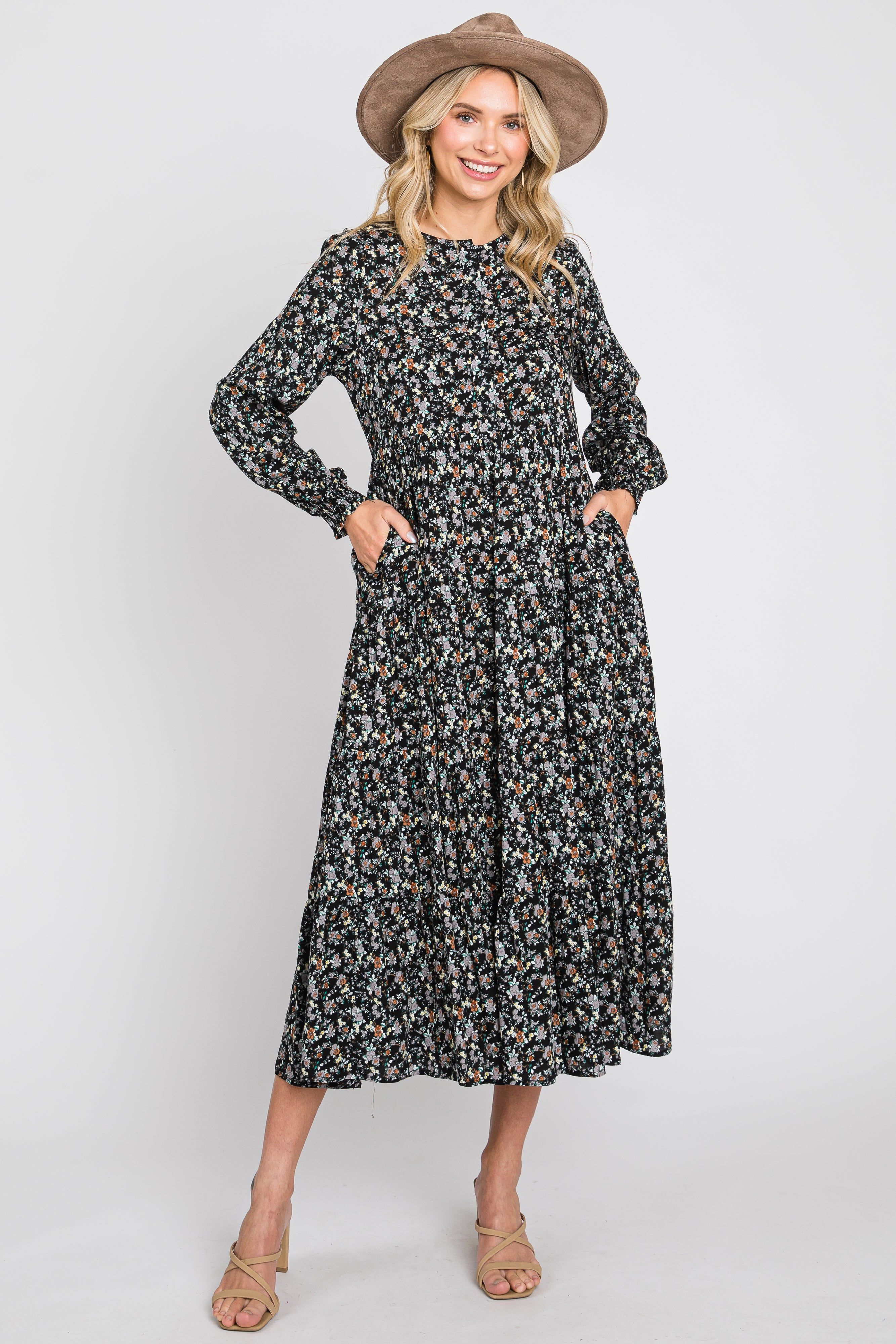 Black Floral Button Front Long Sleeve Tiered Maternity Midi Dress sold by Pinkblush product image thumbnail 5