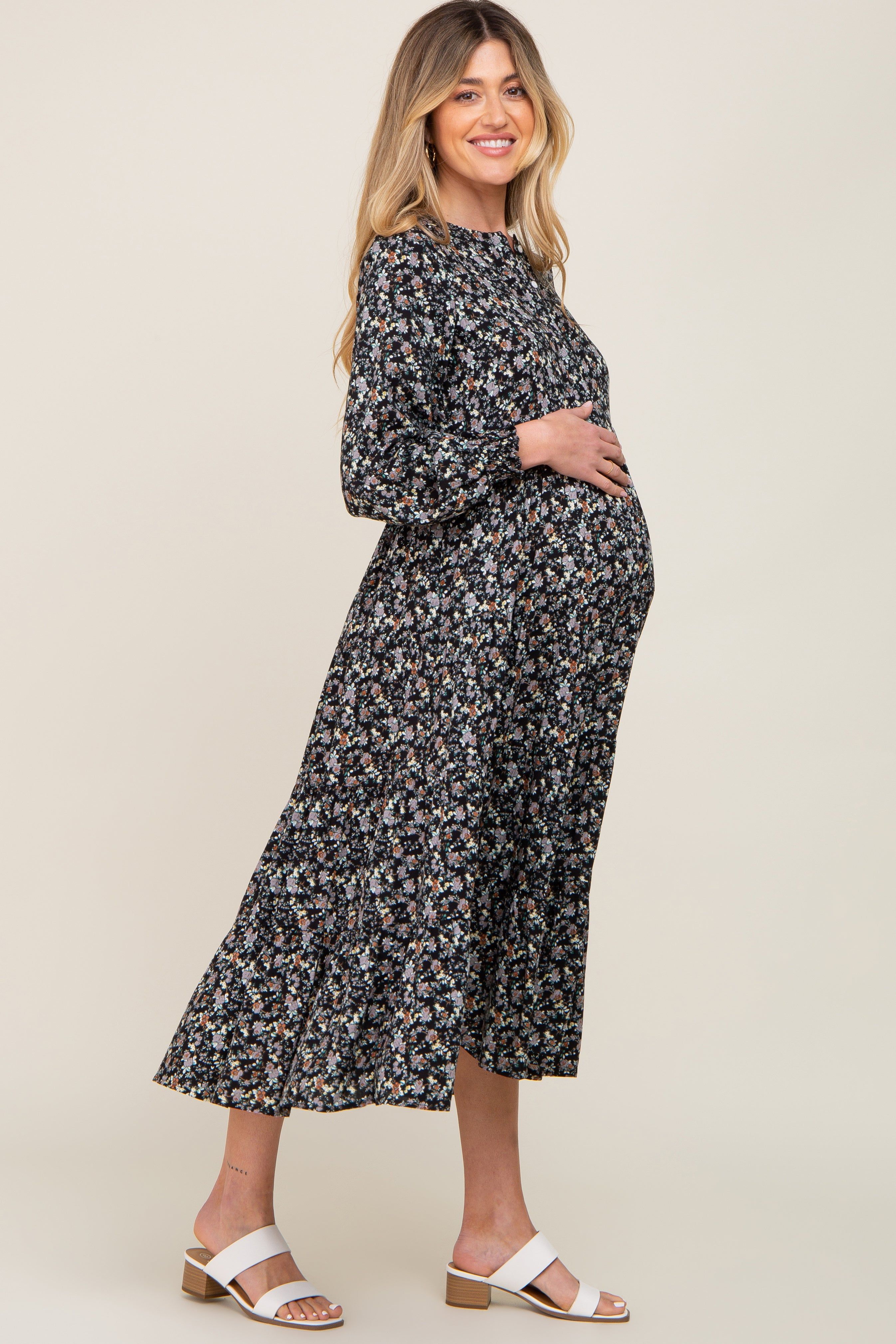 Black Floral Button Front Long Sleeve Tiered Maternity Midi Dress sold by Pinkblush product image thumbnail 2