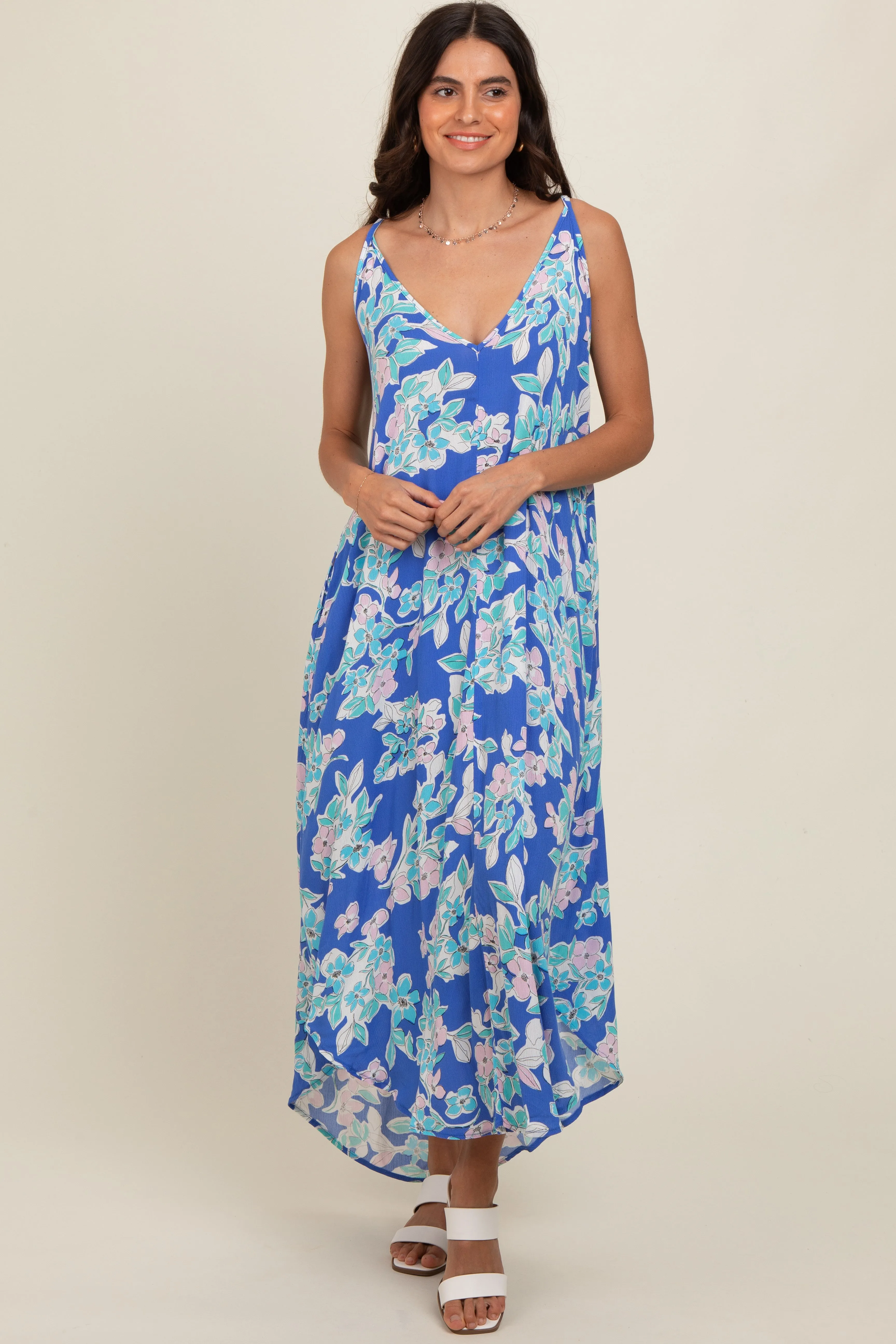 Blue Floral V-Neck Cross Back Midi Dress sold by Pinkblush product image thumbnail 2