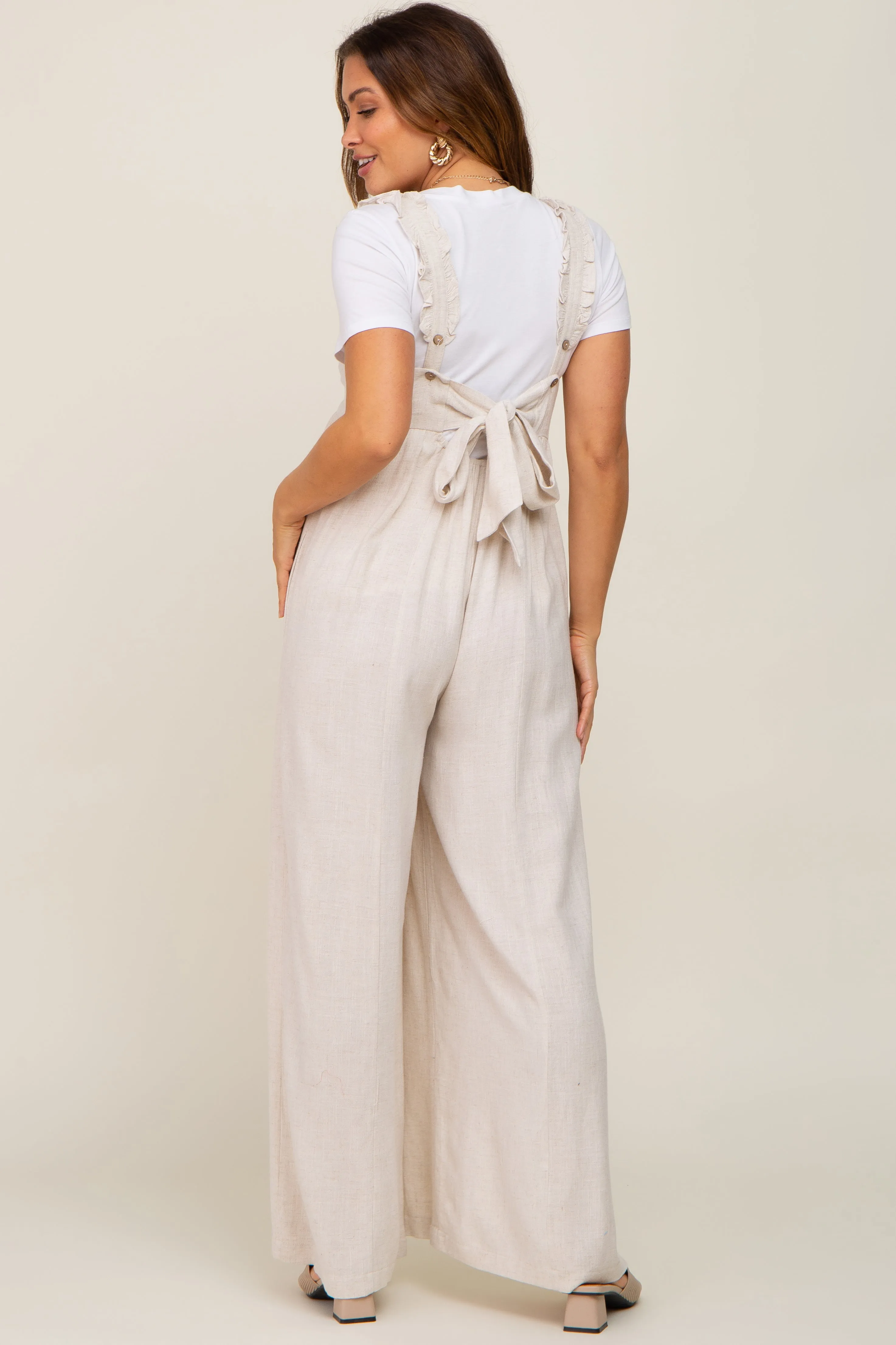 Beige Ruffle Trim Back Tie Maternity Jumpsuit sold by Pinkblush product image thumbnail 3